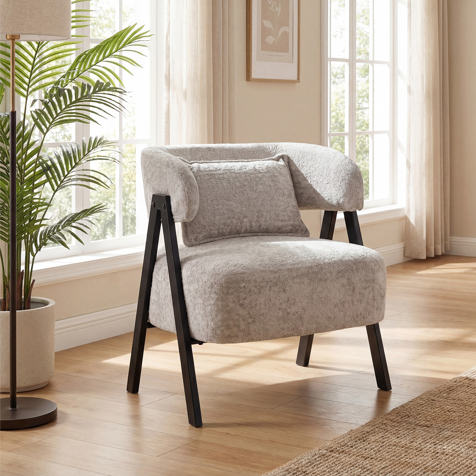 Lesesessel Sessel mit Kunstfell bezogen Loungesessel mit Lendenkissen & Metallbeinen moderner Relaxsessel Grau