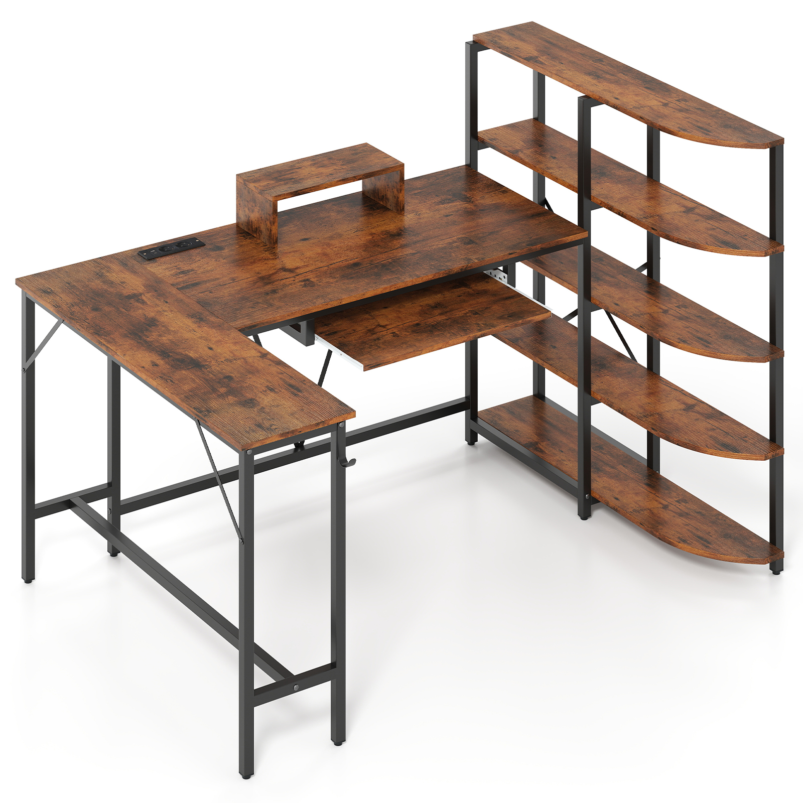 L-förmiger Schreibtisch mit Ablagefächern Eck-Computertisch mit Ladestation Gaming-Tisch Rustikales Braun