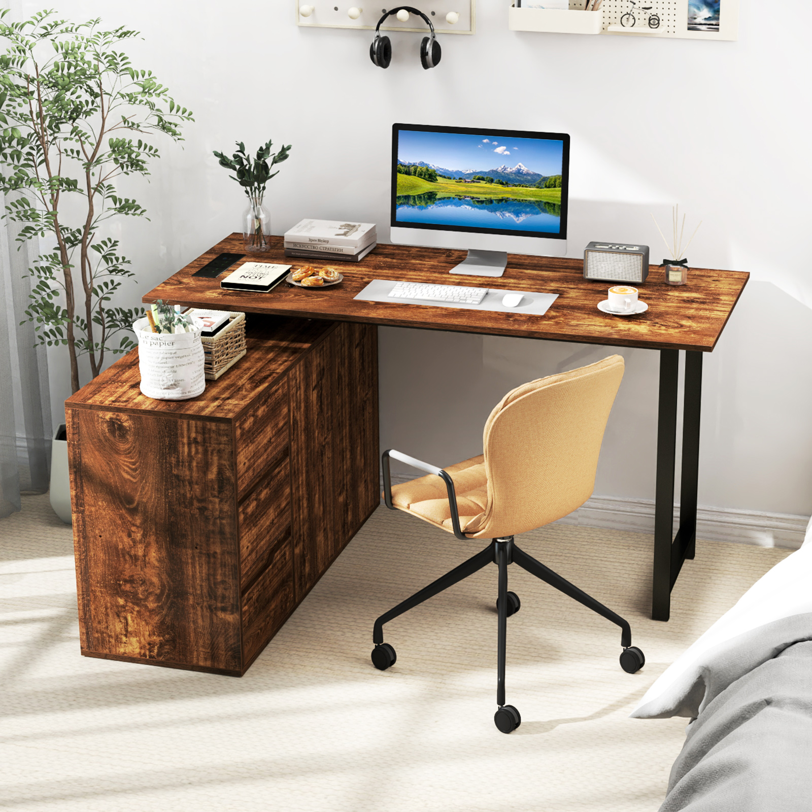 L-förmiger Schreibtisch mit Aktenschrank & Steckdose 138 cm umkehrbarer Eckcomputertisch Rustikal Braun