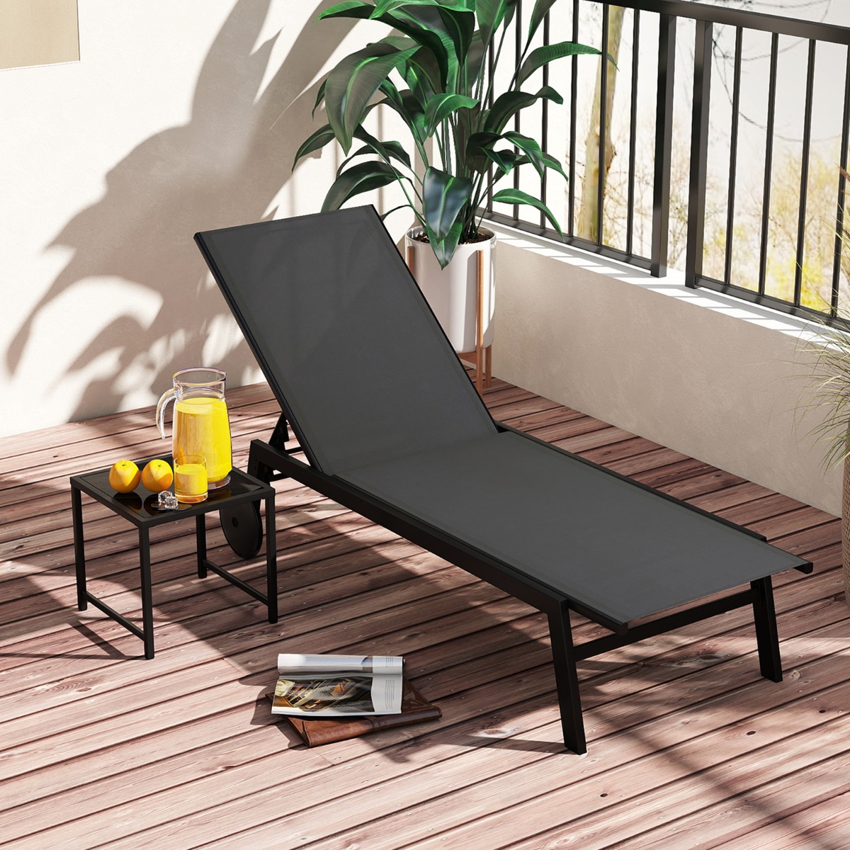 Sonnenliege mit Rollen & Beistelltisch Gartenliege mit Verstellbarer Rückenlehne Grau