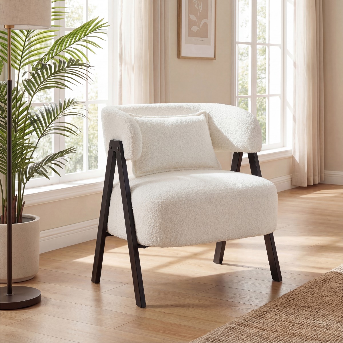 Lesesessel Sessel mit Kunstfell bezogen Loungesessel mit Lendenkissen & Metallbeinen moderner Relaxsessel Weiß