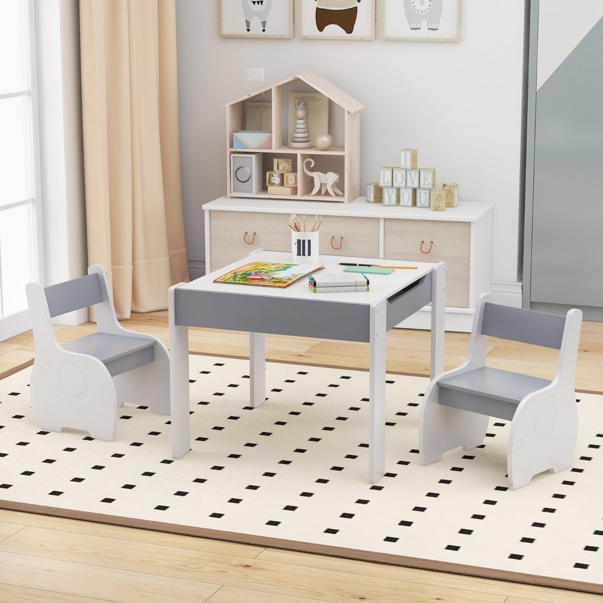 Kindertisch mit 2 Stühlen Kindersitzgruppe mit Wendbarer &amp; Abnembarer Tischplatte Hellgrau