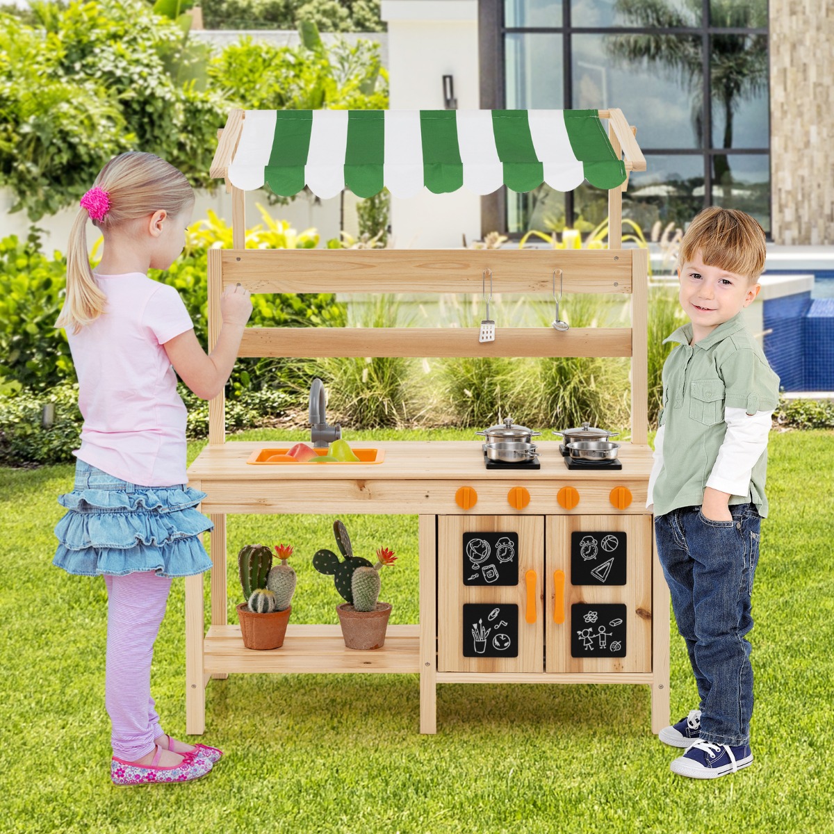 Matschküche Kinder Outdoor Kinderküche Tannenholz mit Überdachung 88 x 39 x 117 cm Natur