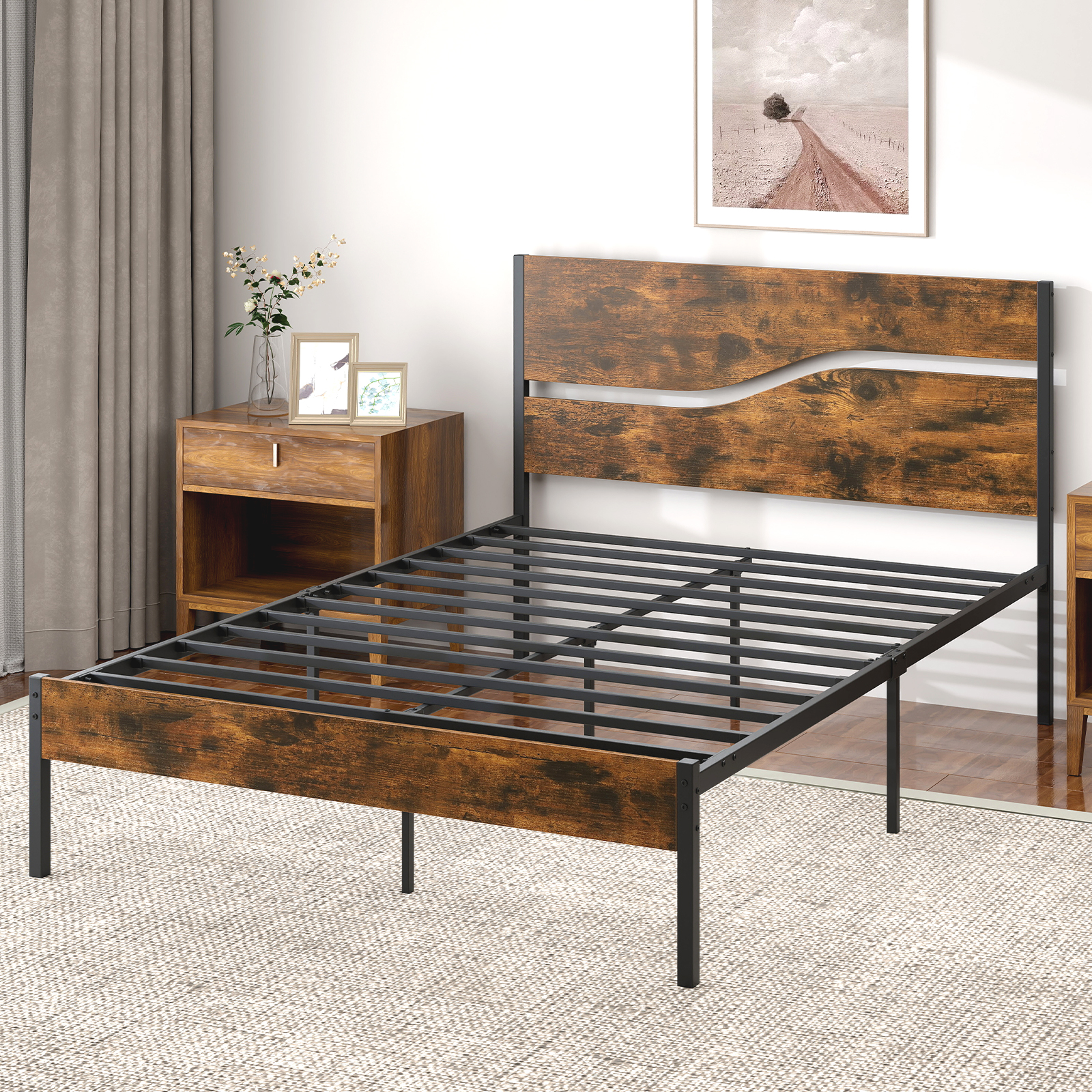 Metallbett Bettgestell für 200 x 140 cm Matratze industrielles Plattformbett mit Holzkopf- und Fußteil Rustikales Braun