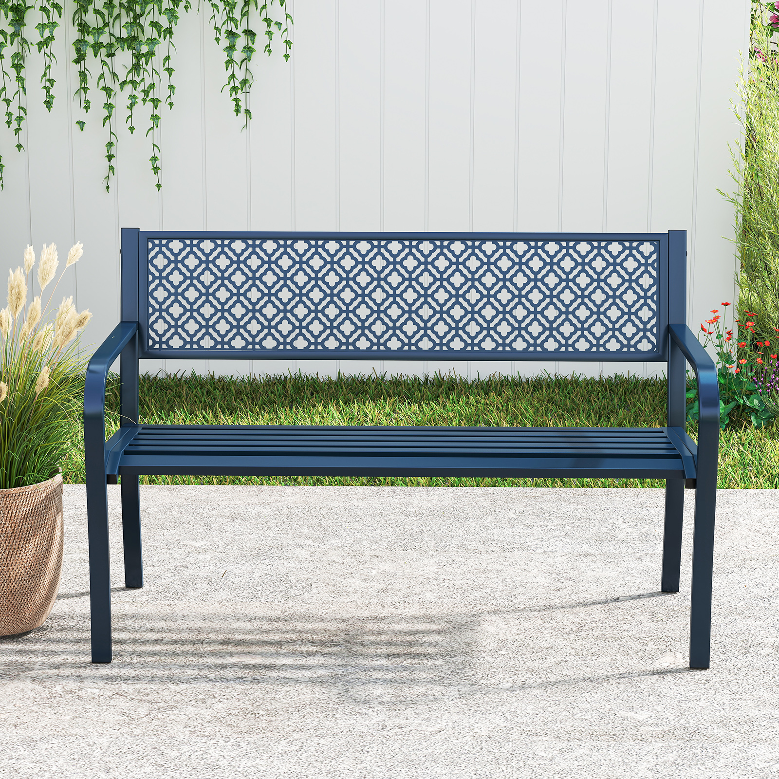 Metall Gartenbank Wetterfeste Sitzbank für 2 Personen Balkonbank mit Rückenlehne Blau