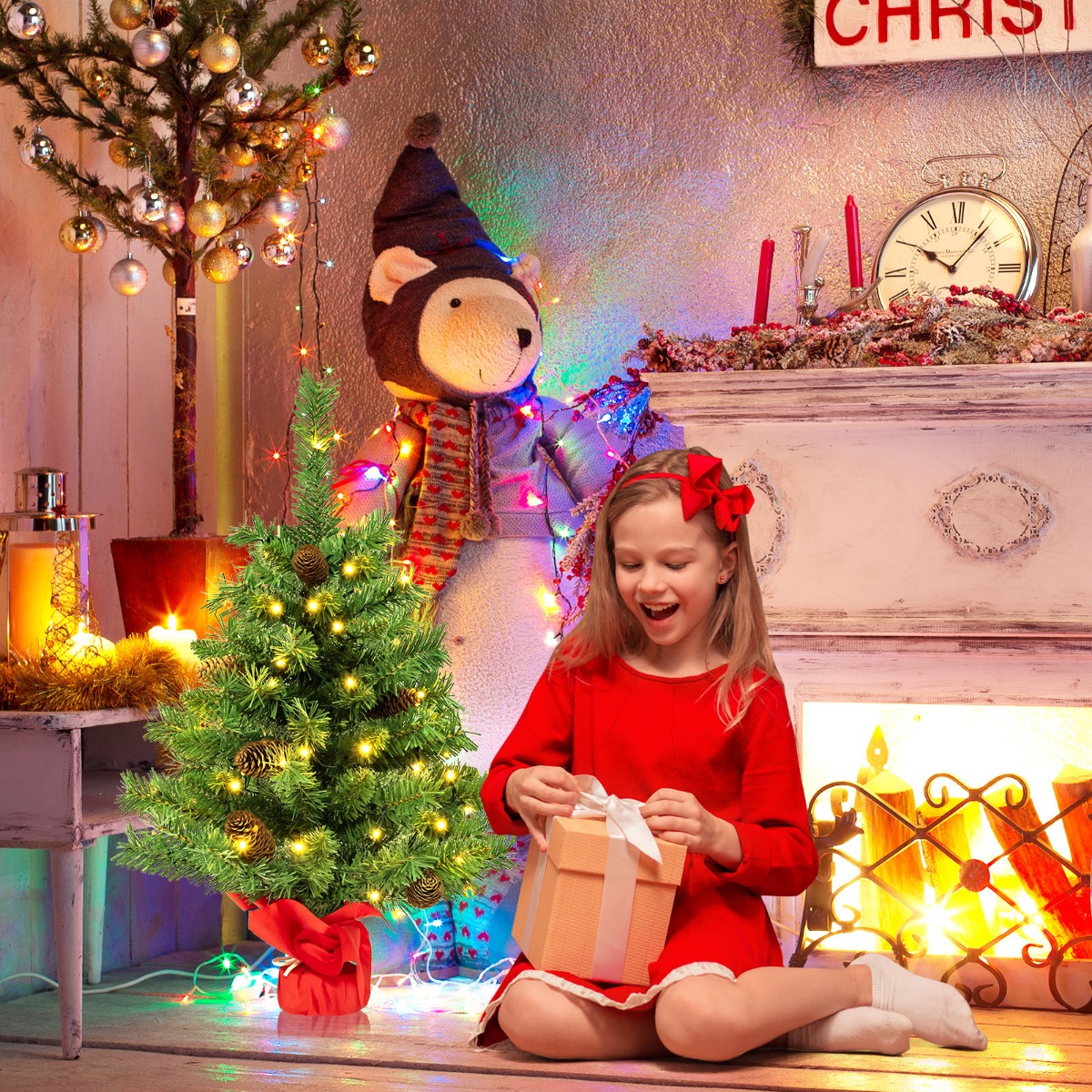 64 cm Großer Beleuchteter Mini-Weihnachtsbaum Tischbaum mit 50 LED-Lichtern Grün