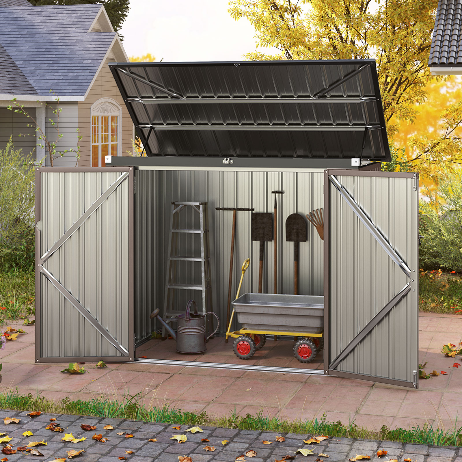 Mülltonnenbox für 2 Mülltonnen Müllbox aus Verzinktem Metall Müllhaus mit 2 Türen 172 x 95,5 x 130 cm Braun