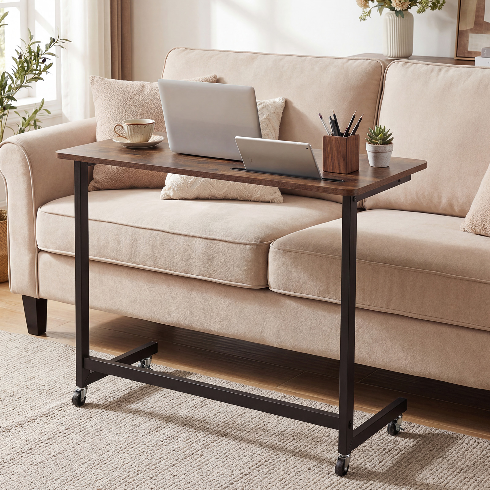 Mobiler Beistelltisch Rolltisch für Laptop mit Ablagefach C-förmiger Laptoptisch für Sofa Rustikales Braun