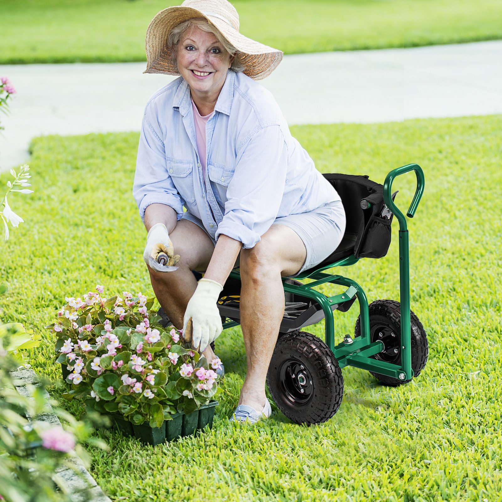 Mobiler Sitz für die Gartenarbeit Gartenwagen lenkbarer Werkzeugwagen mit Tablett Aufbewahrungskorb Grün