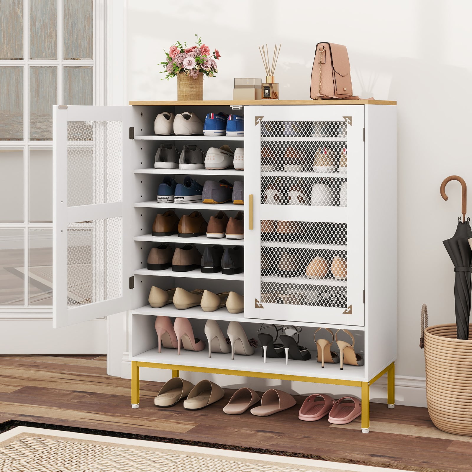 Moderner Holz Schuhschrank mit Maschentüren & Verstellbaren Regalen & Metallbeinen Weiß