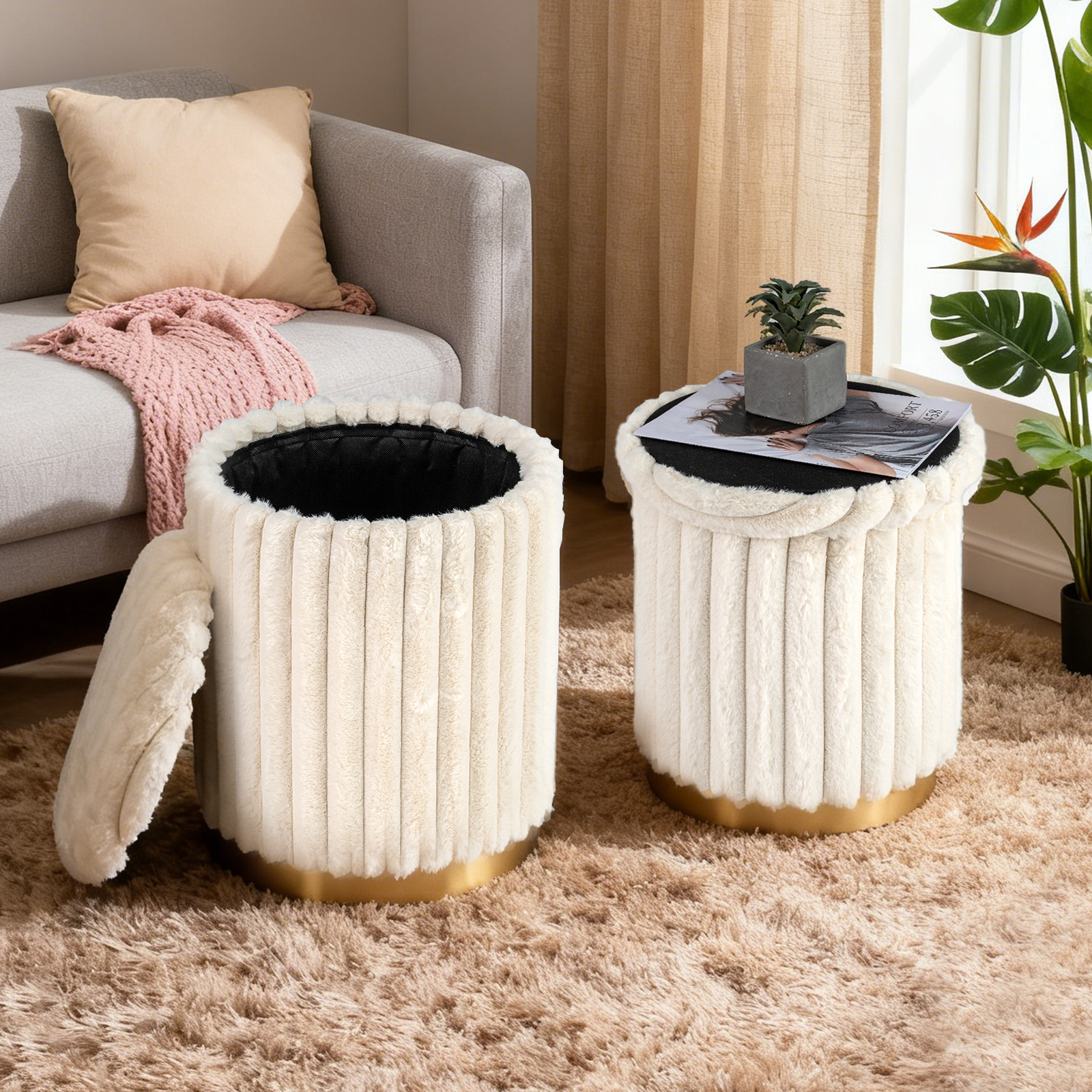 Moderner Ottoman-Set 2er 32 L + 21 L Rundhocker mit Hasenfell-Bezug abnehmbare Deckel Beige