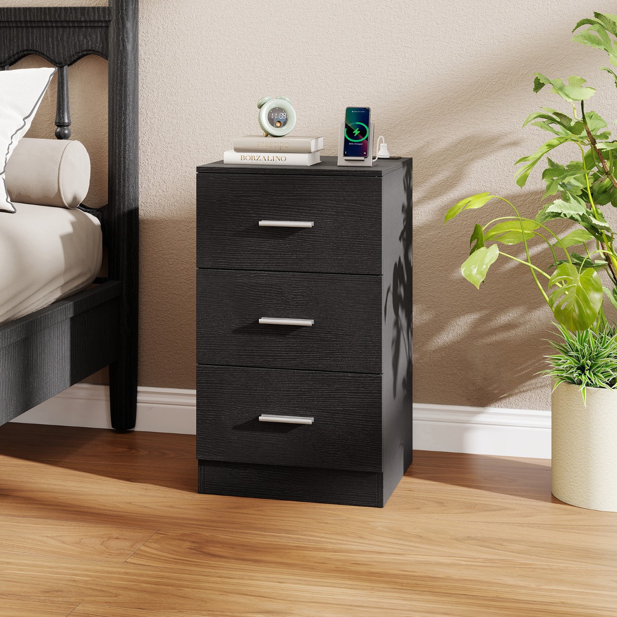 Nachttisch mit Ladestation moderner Nachtschrank mit 3 Aufbewahrungsschubladen Schwarz 38 x 35 x 66 cm