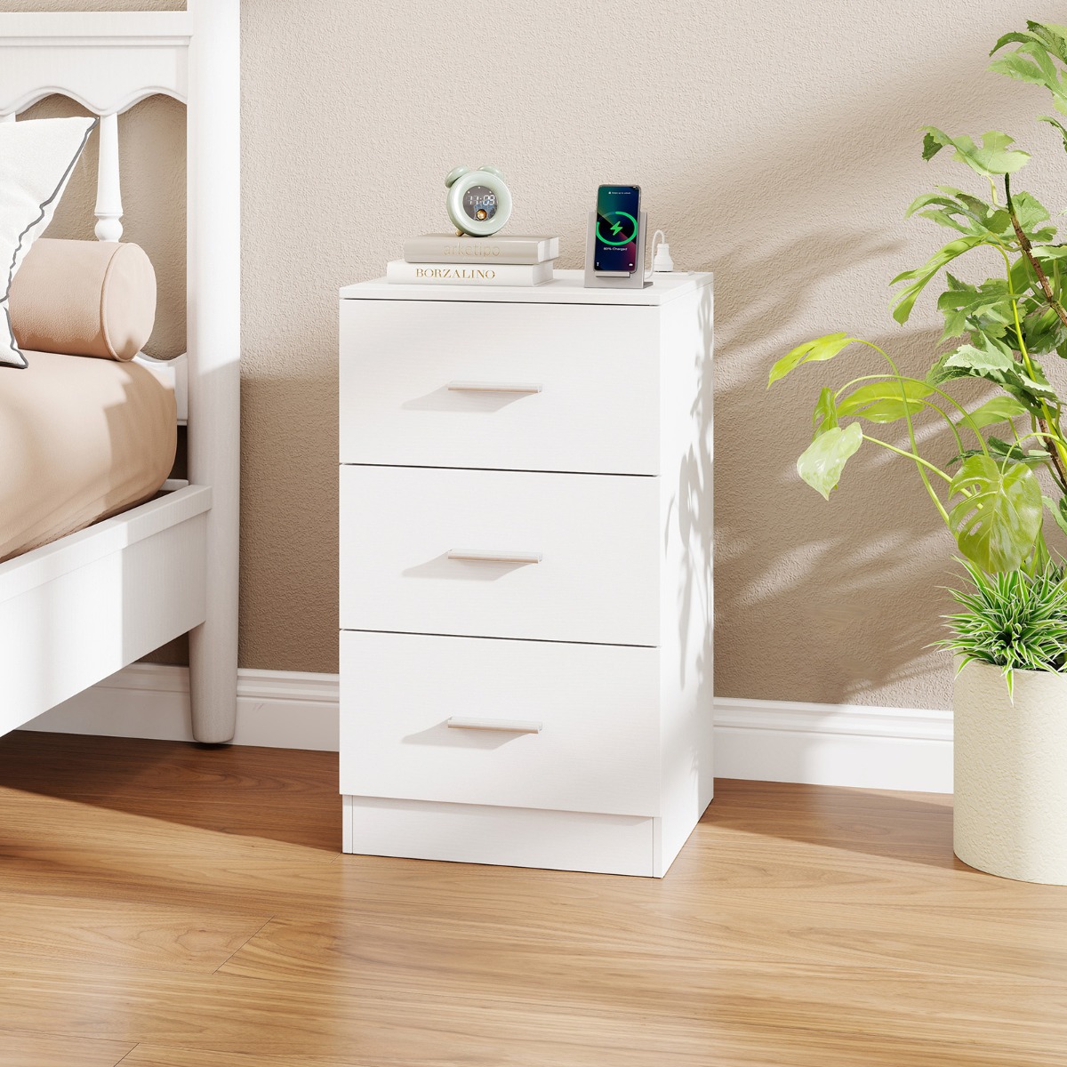 Nachttisch mit Ladestation moderner Nachtschrank mit 3 Aufbewahrungsschubladen 38 x 35 x 66 cm Weiß