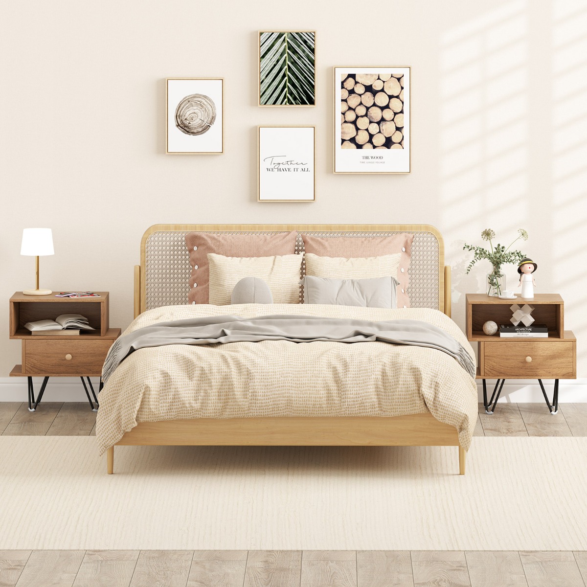 2er Set Nachttisch mit Abnehmbarer Schublade & Offenem Fach Mid-Century Modern Sofatisch