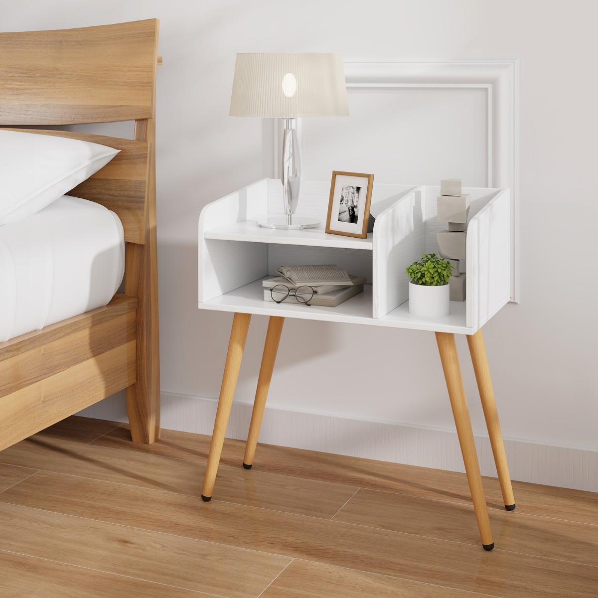 Nachttisch Beistelltisch mit offenem Fach Sofatisch mit Metallstützbeinen 50 x 32 x 58 cm Weiß 1 Stück