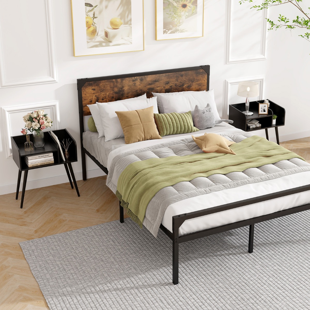 Nachttisch Beistelltisch mit offenem Fach Sofatisch mit Metallstützbeinen 50 x 32 x 58 cm Schwarz 2 Stücke