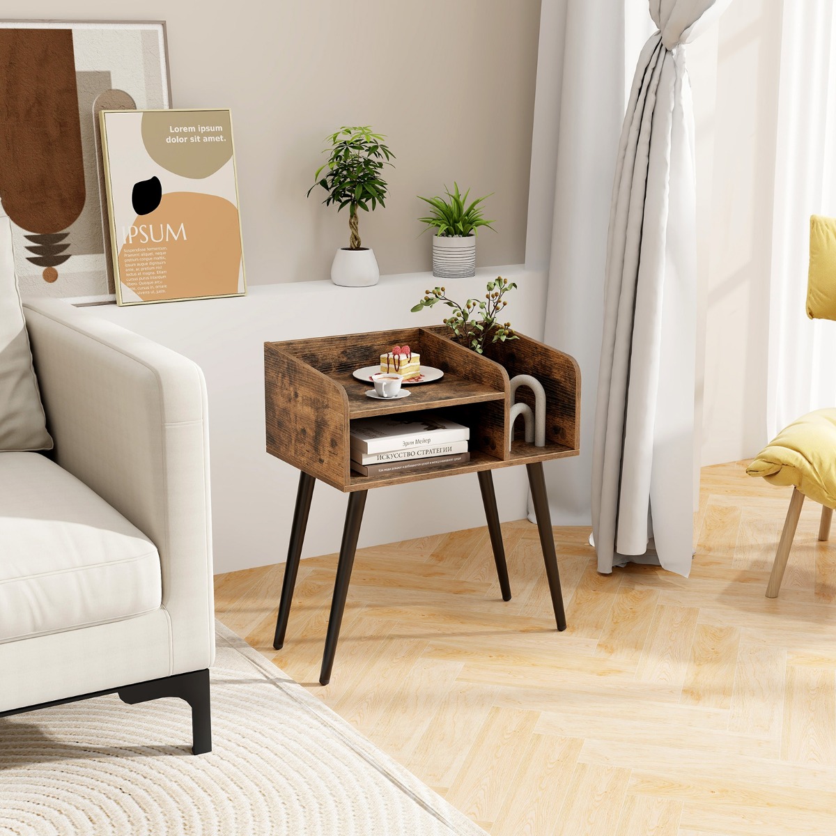 Nachttisch Beistelltisch mit offenem Fach Sofatisch mit Metallstützbeinen 50 x 32 x 58 cm Rustikalbraun 1 Stück