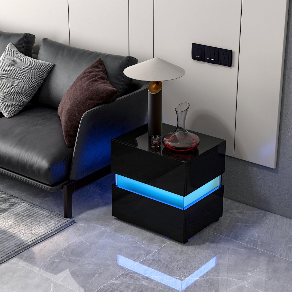 Nachttisch 2er Set LED Nachtkästchen Hochglanz Nachtschrank Nachtkommode mit 2 Schubladen Schwarz