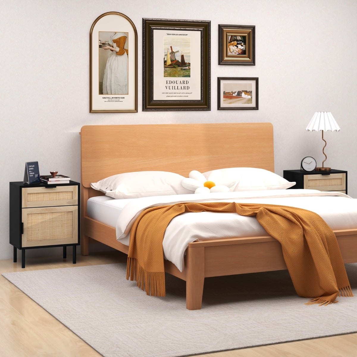 Nachttisch Rattan 2er Set Nachtschrank mit Schublade und Schrank 45 x 30 x 59 cm Schwarz