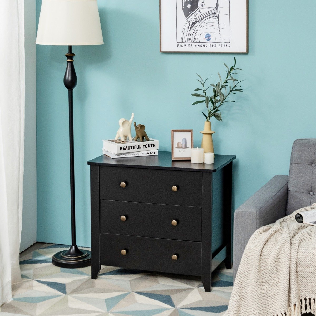 Nachttisch mit 3 Schubladen Beistelltisch mit Griffen aus Holz 71 x 46 x 66 cm Schwarz