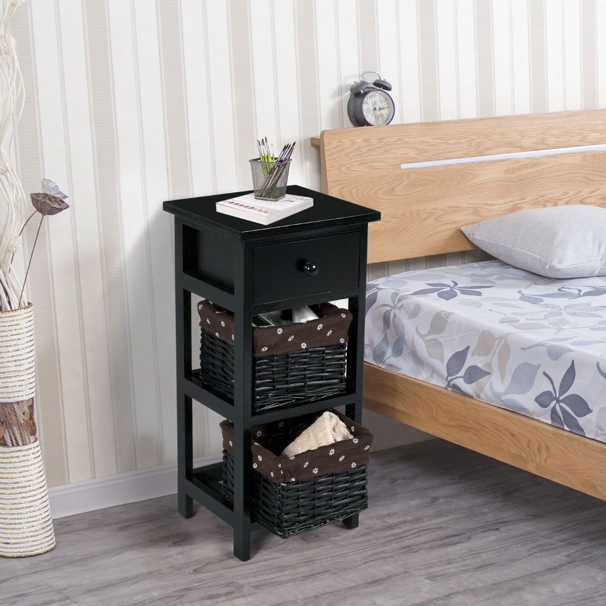 Nachttisch mit Schublade Beistelltisch Korbkommode  28 x 26 x 60 cm Schwarz + Braun