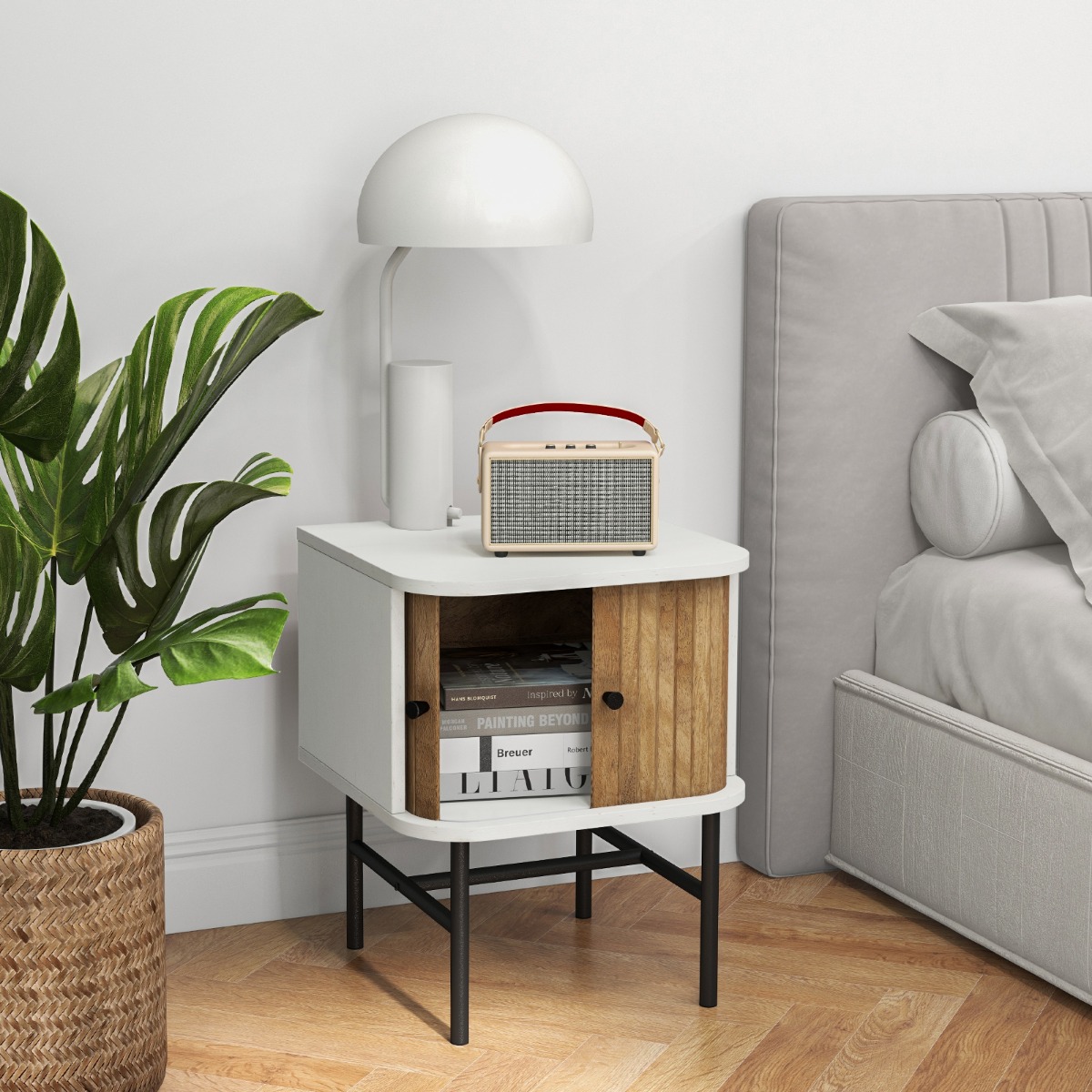 Nachttisch mit Schiebetüren Nachtschrank mit Stauraum 40 x 39 x 49 cm Weiß