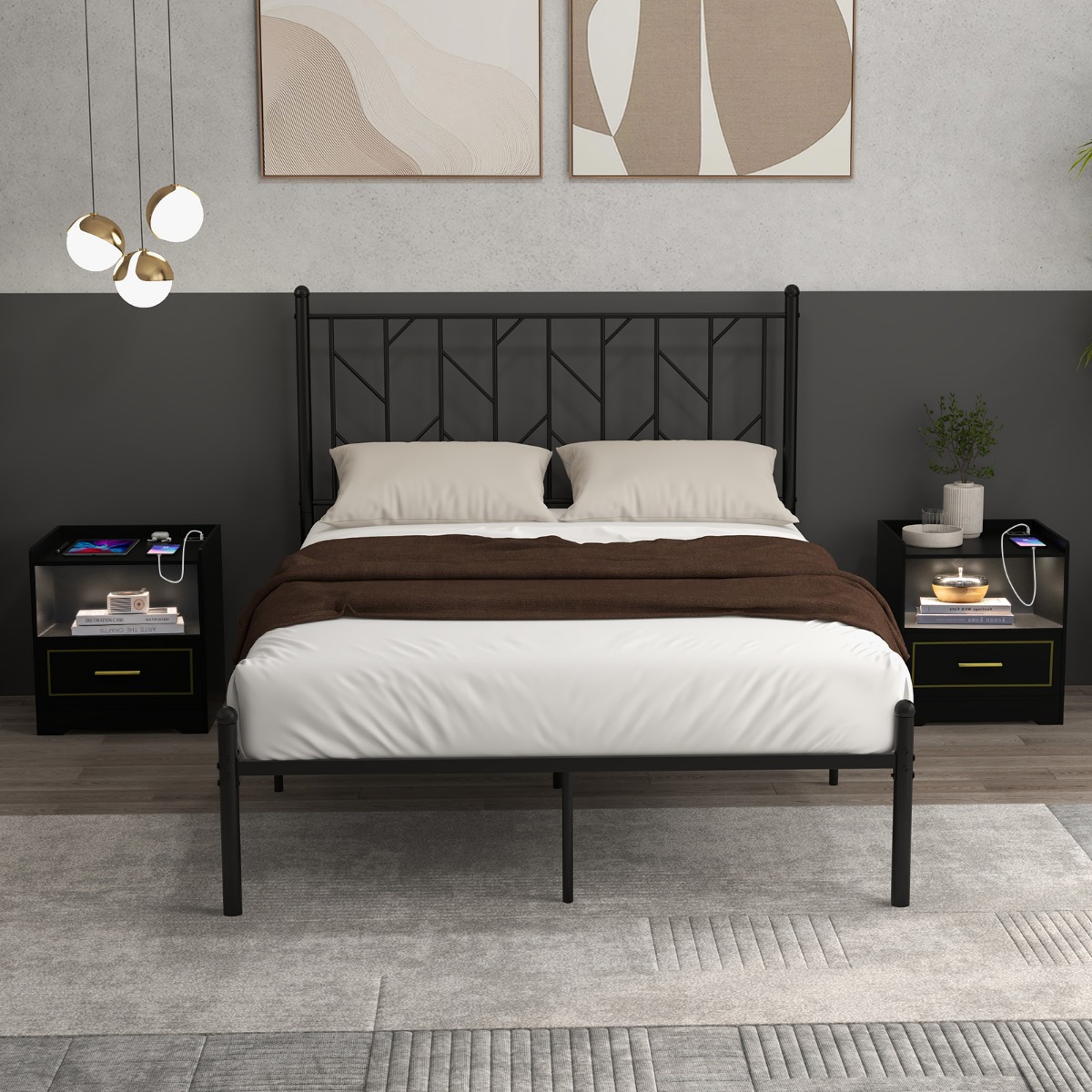 2er Set Nachttisch mit LED Licht USB-Anschluss und Typ-C-Ladestation Nachtschrank mit Bewegungssensor Schwarz