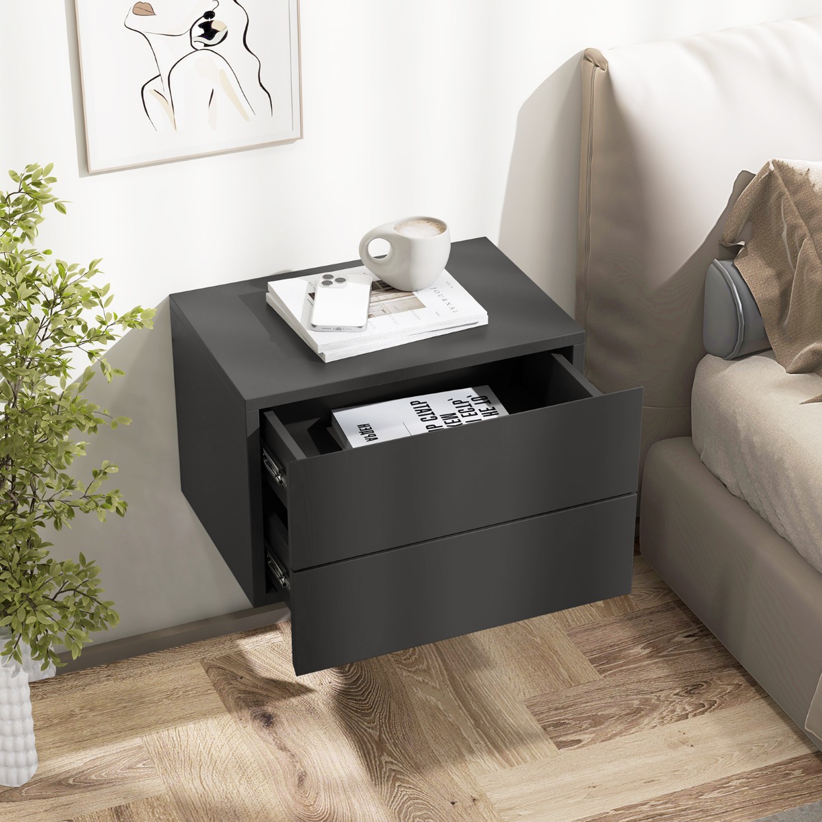 Nachttisch hängend Wandregal mit 2 Schubladen Beistelltisch wandmontiert 42 x 30 x 28 cm Grau