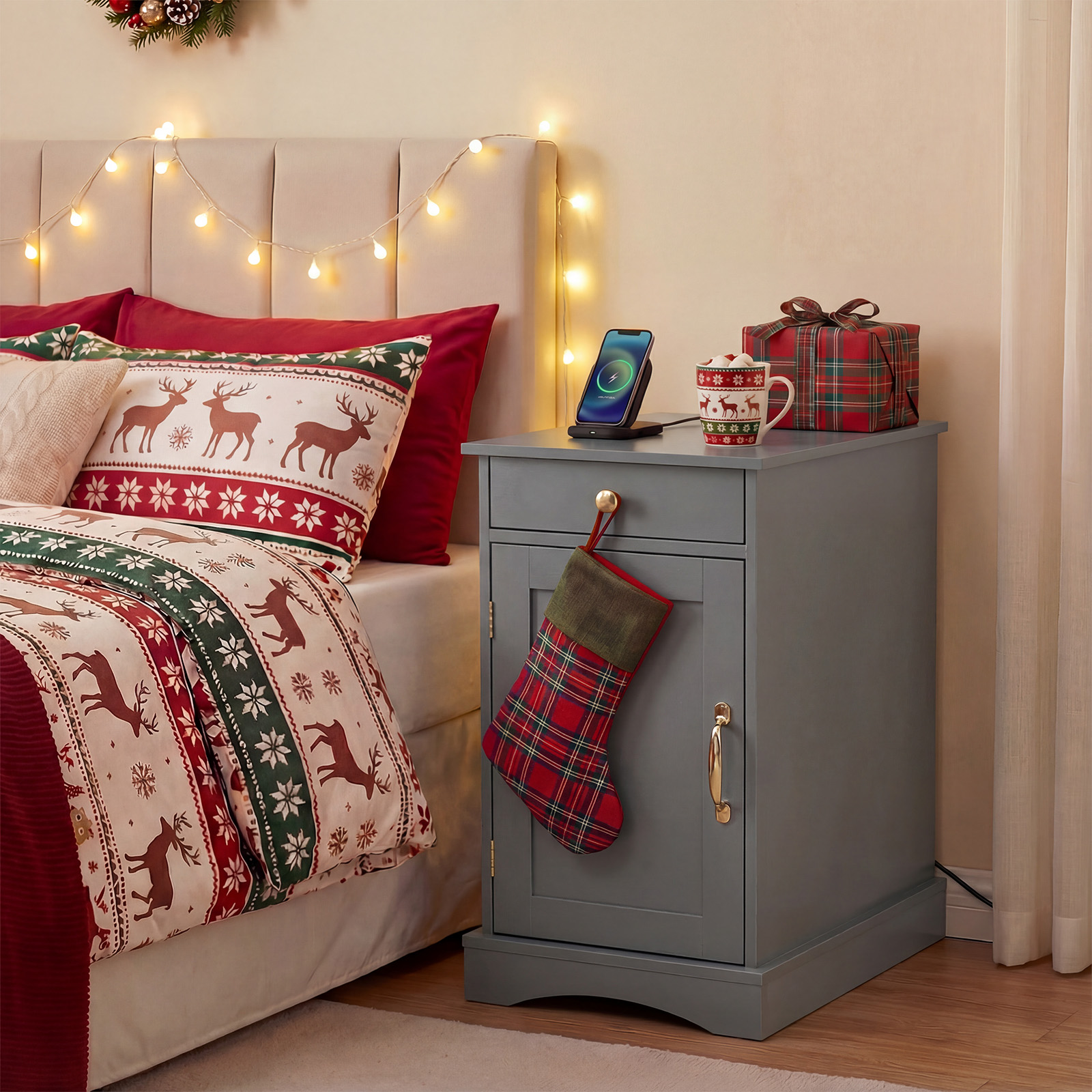 Nachttisch mit Ladestation Beistelltisch mit Verstellbarem Regal Holz Nachtschrank Grau