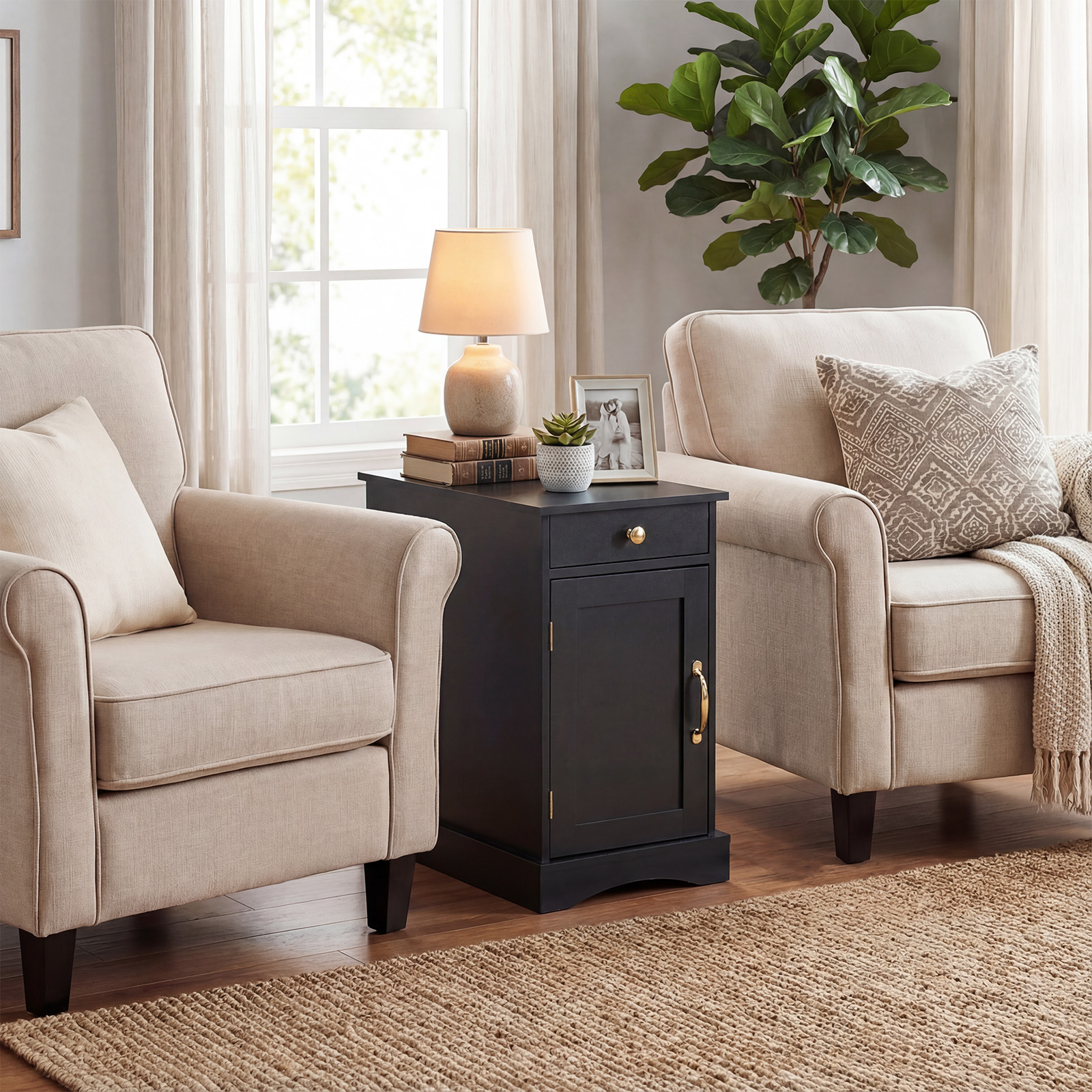 Nachttisch mit Ladestation Beistelltisch mit verstellbarem Regal Schrank Schublade Schwarz