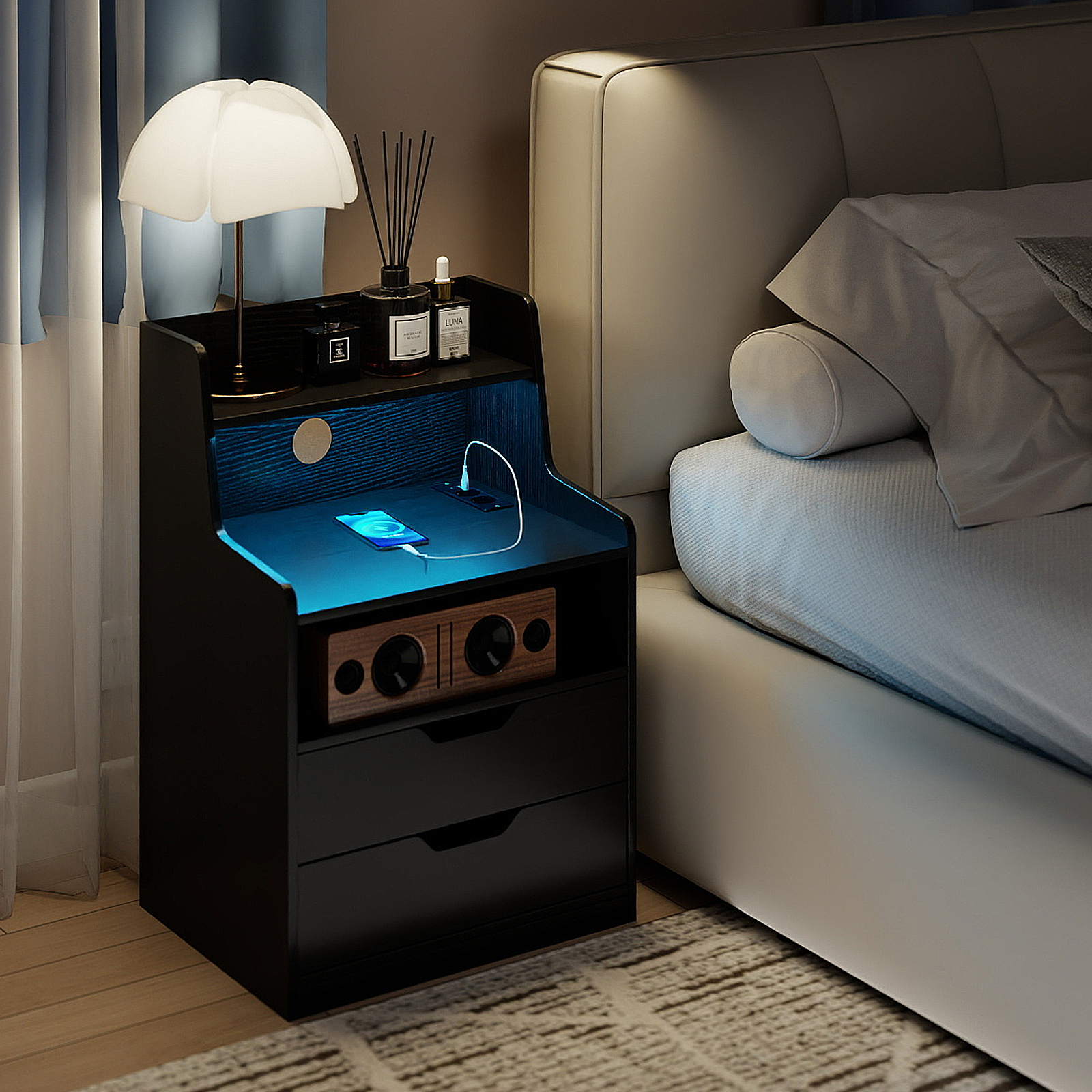 Nachttisch mit LED-Lichtern & Ladestation Beistelltisch mit 2 Schubladen & offenem Fach moderner Nachtschrank Schwarz