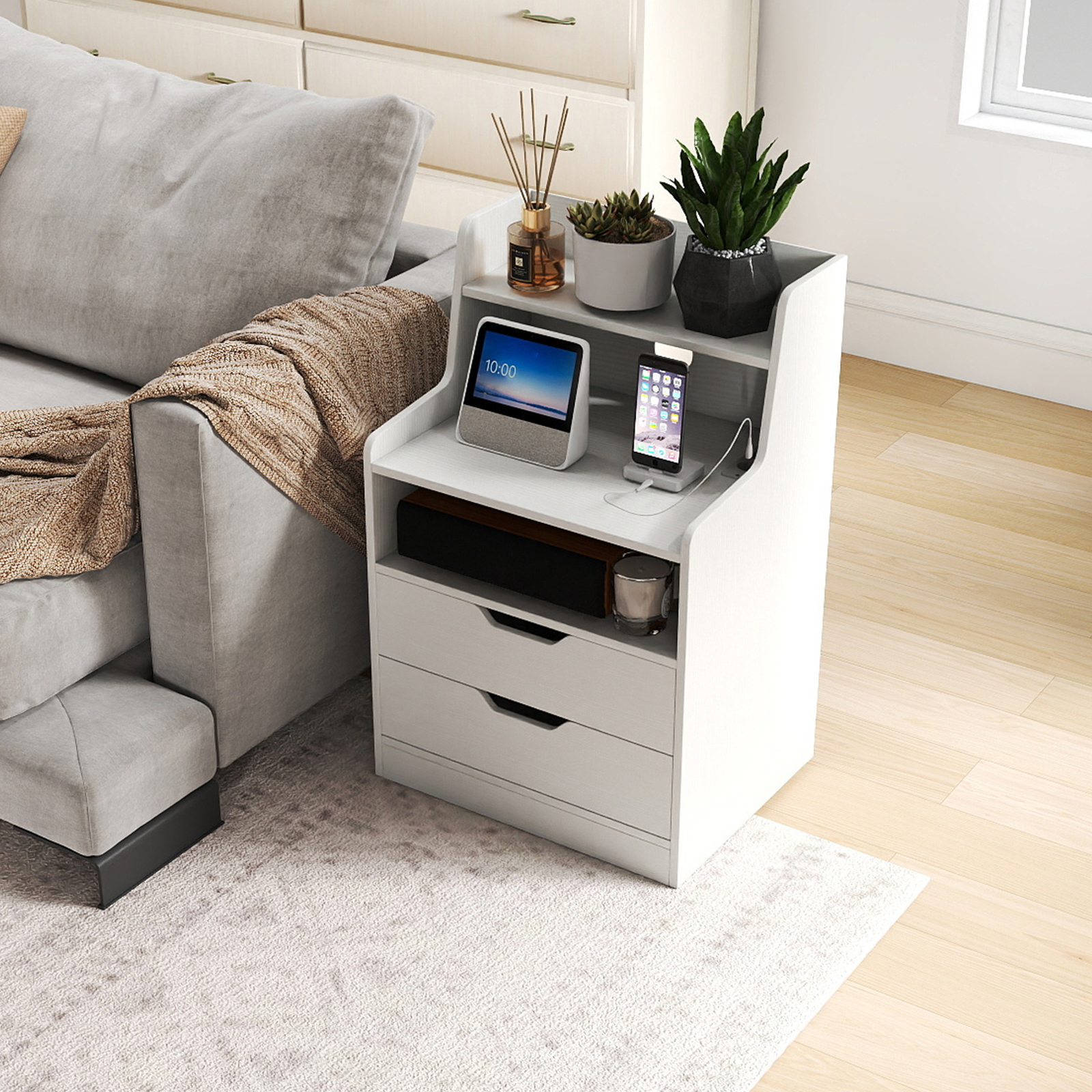 Nachttisch mit LED-Lichtern & Ladestation Beistelltisch mit 2 Schubladen & offenem Fach moderner Nachtschrank Weiß