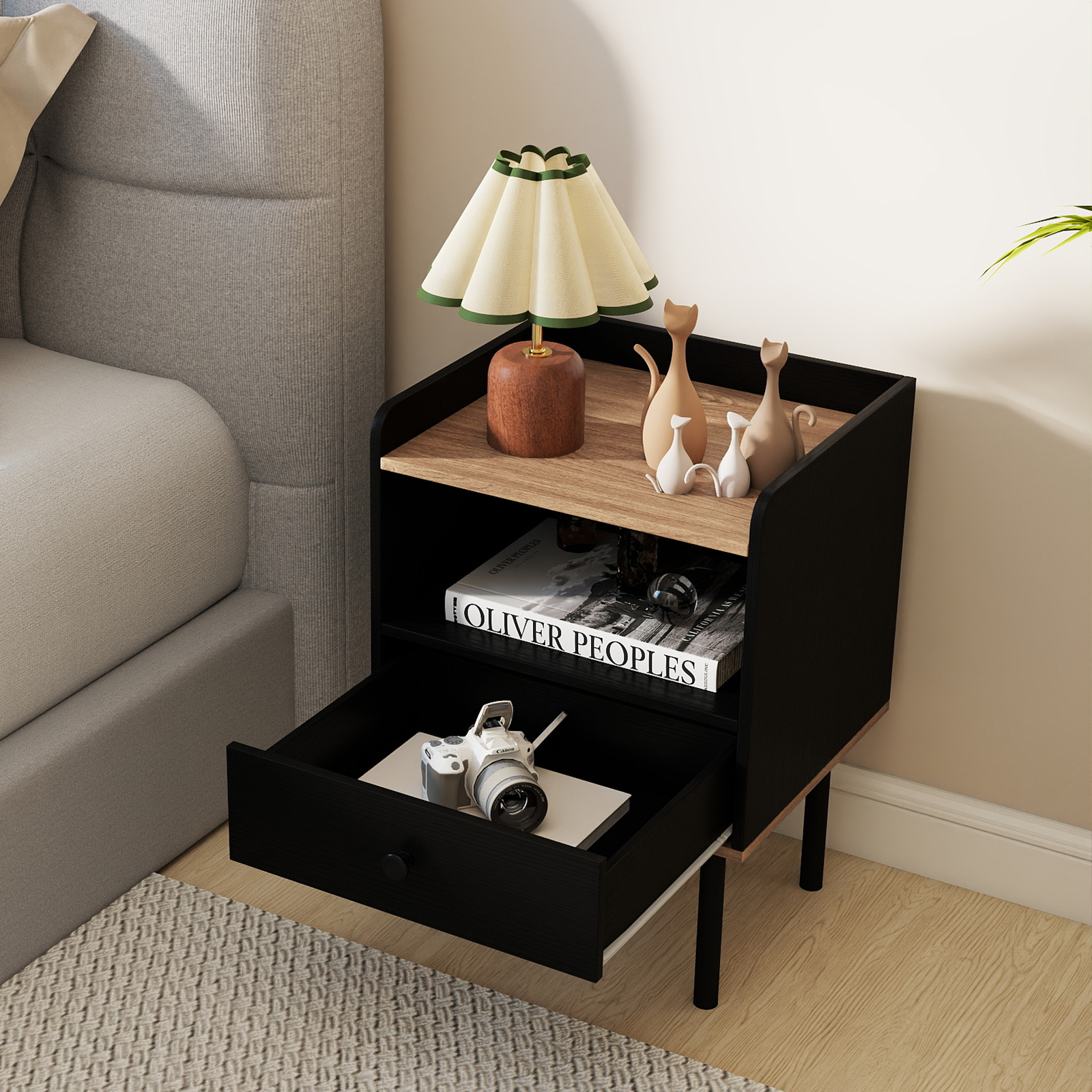 Nachttisch Nachttisch mit Schublade & offenem Ablagefach moderner Sofatisch mit Metallbeinen Schwarz