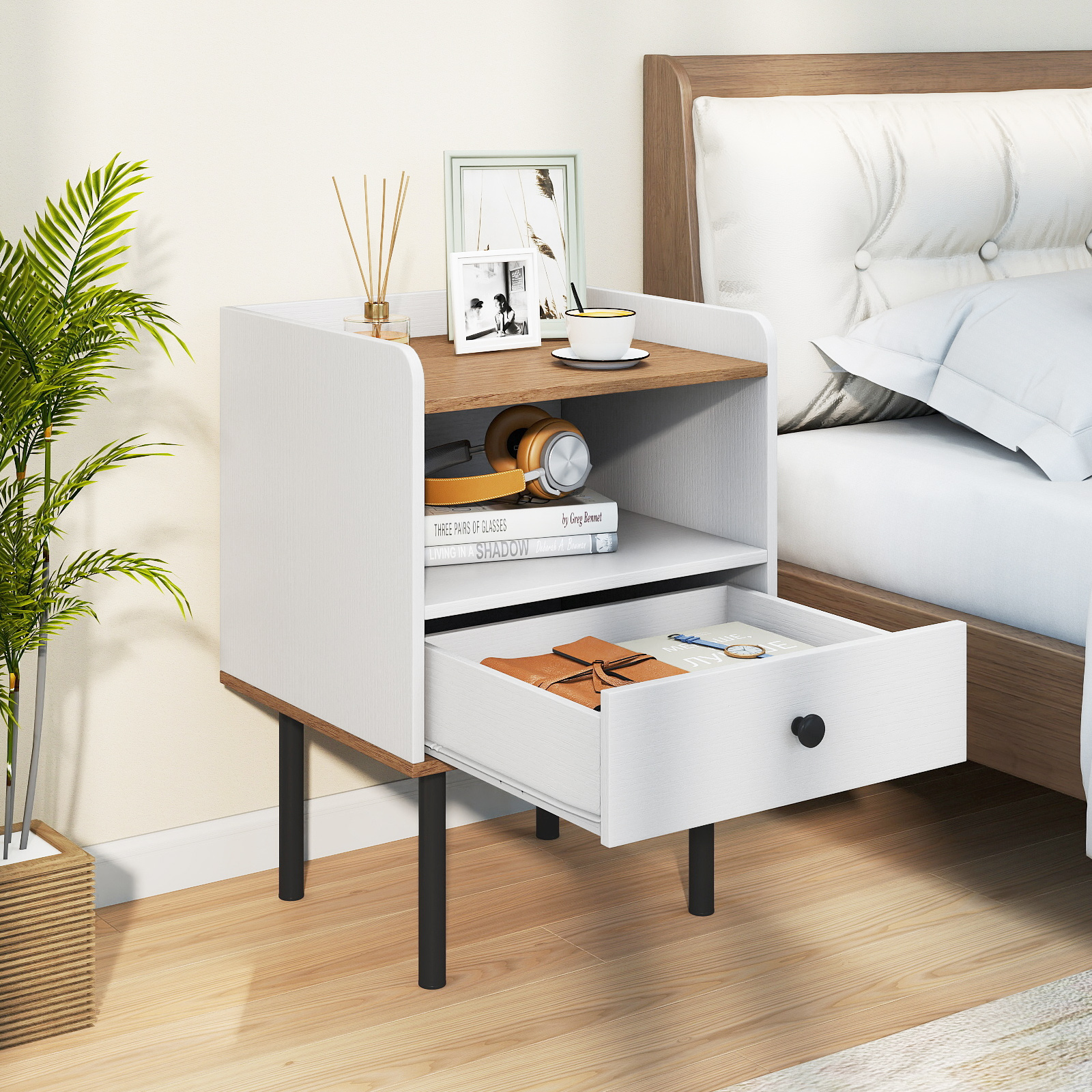 Nachttisch Nachttisch mit Schublade & offenem Ablagefach moderner Sofatisch mit Metallbeinen Weiß