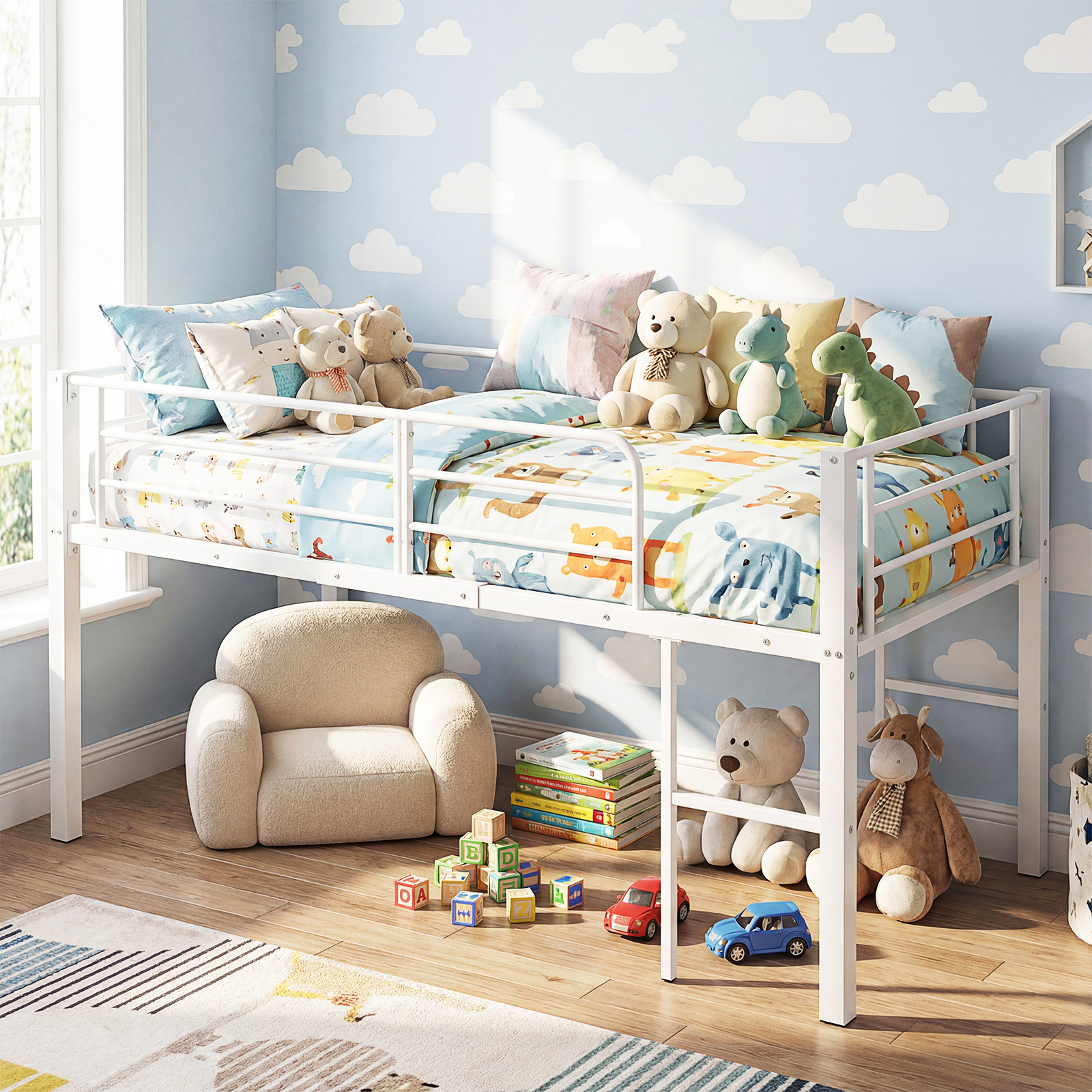 Niedriges Hochbett Bettgestell aus Metall mit Sicherheitsgeländern & 2 Leitern Bettrahmen Weiß