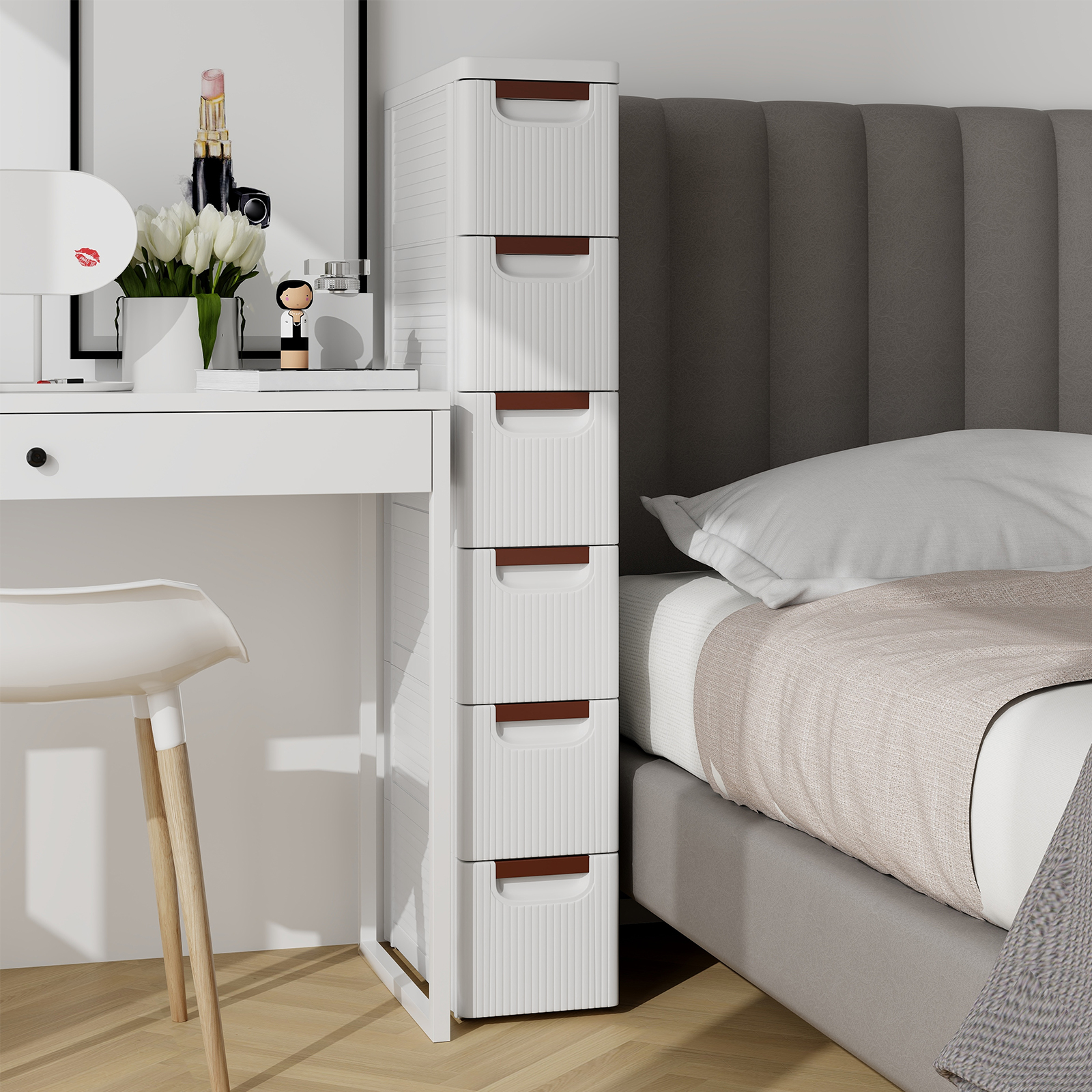 Nischenschrank schmal mit Rollen Nischenregal 20cm breit Nischenwagen mit 4 Schubladen Weiß (6 Schubladen)