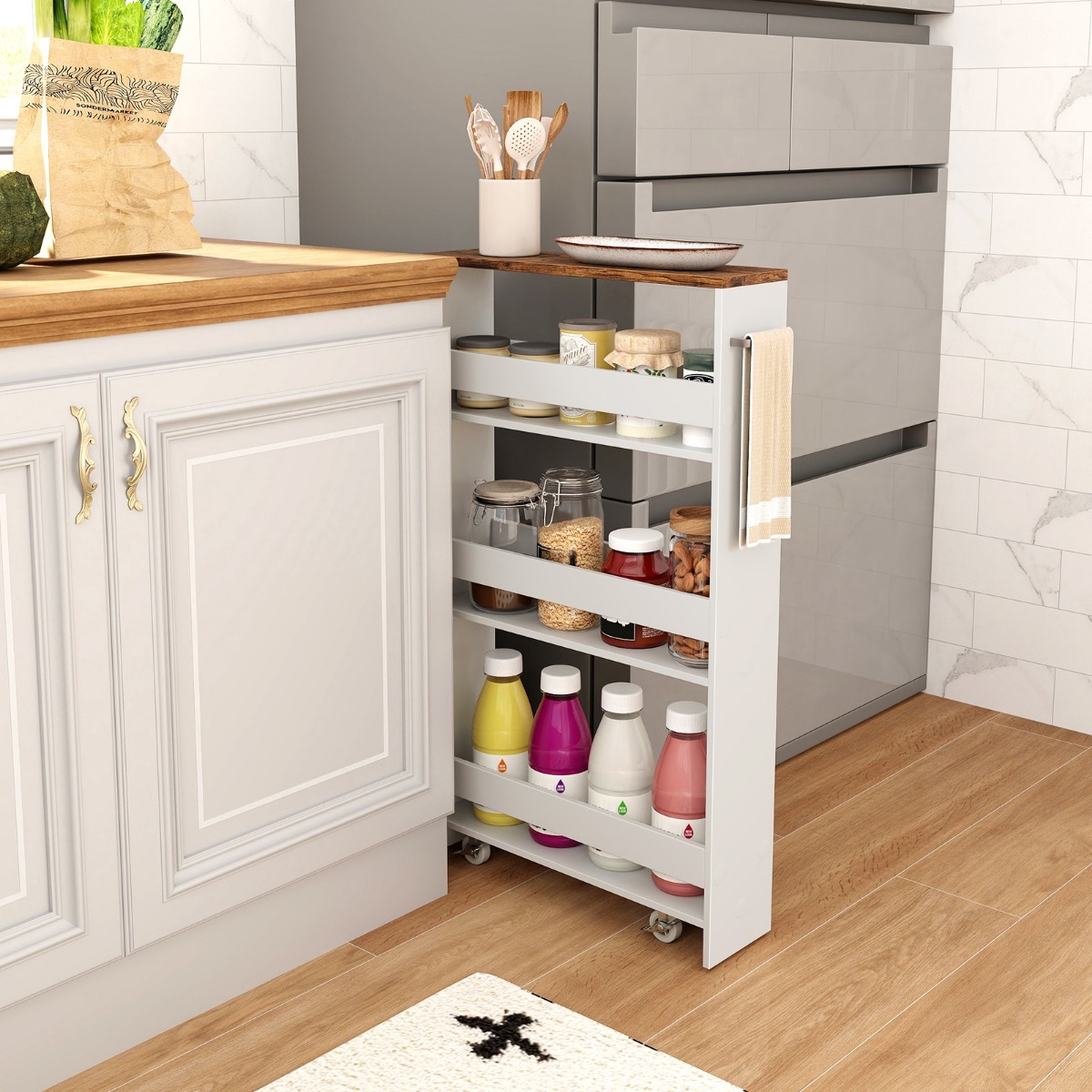 Nischenwagen 13cm breit 4 Etagen Küchenwagen schmal Nischenregal auf Rollen 48 x 13 x 81 cm Braun+Weiß