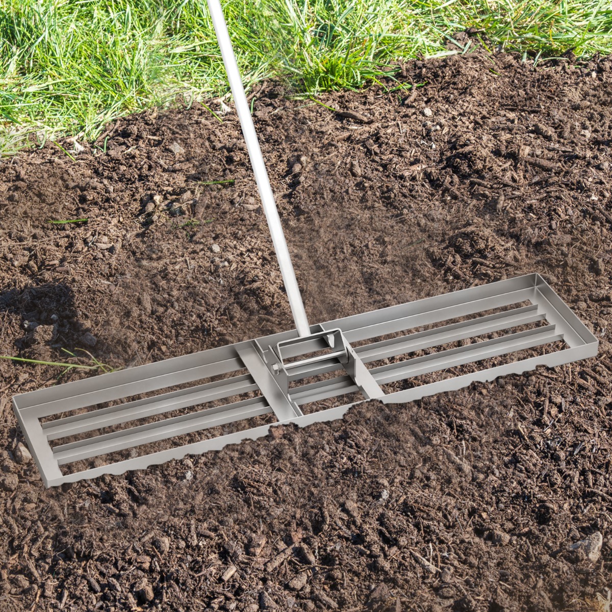 Nivellierrechen mit Ergonomischem Griff Robustes Rasenwerkzeug Levelingrake Flächenebner 106 x 25 cm Silber