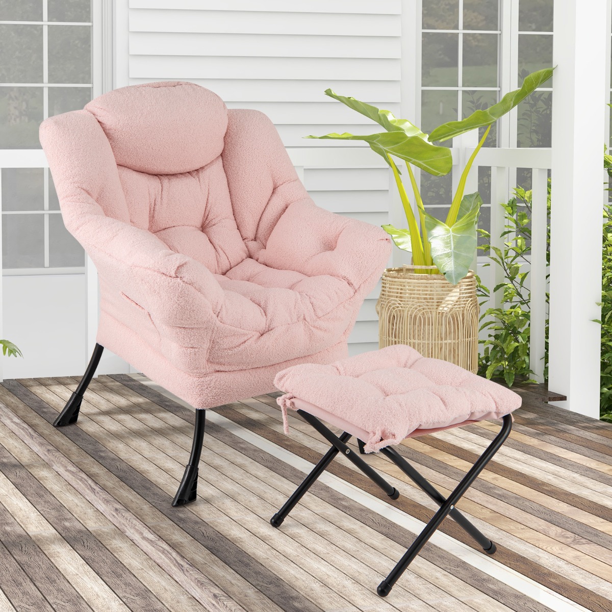 Sessel mit Armlehnen & Seitentasche & Fußstütze & Hocker Relaxsessel Loungesessel Fernsehsessel Rosa