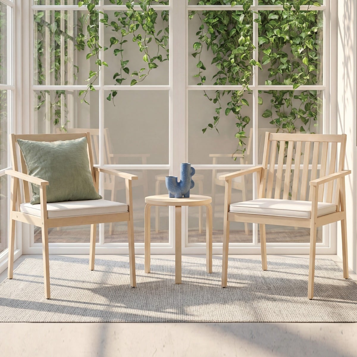 2er Set Akazienholz Gartenstühle mit Kissen & Armlehnen & 180 kg Tragfähigkeit Graulich-weiß