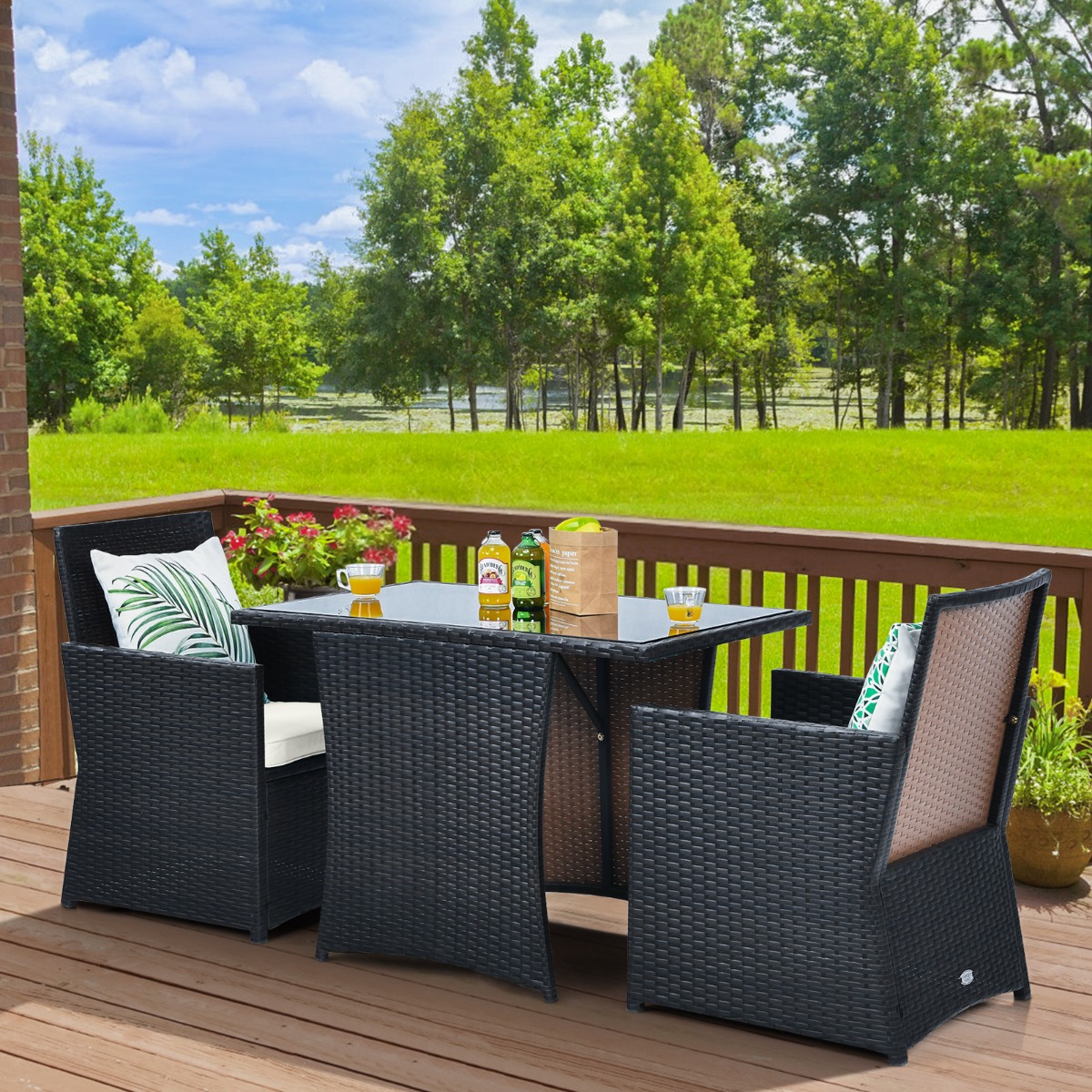 3-teiliges Patio Ess-Set Platzsparendes PE-Rattan Bistro Set mit Tischplatte