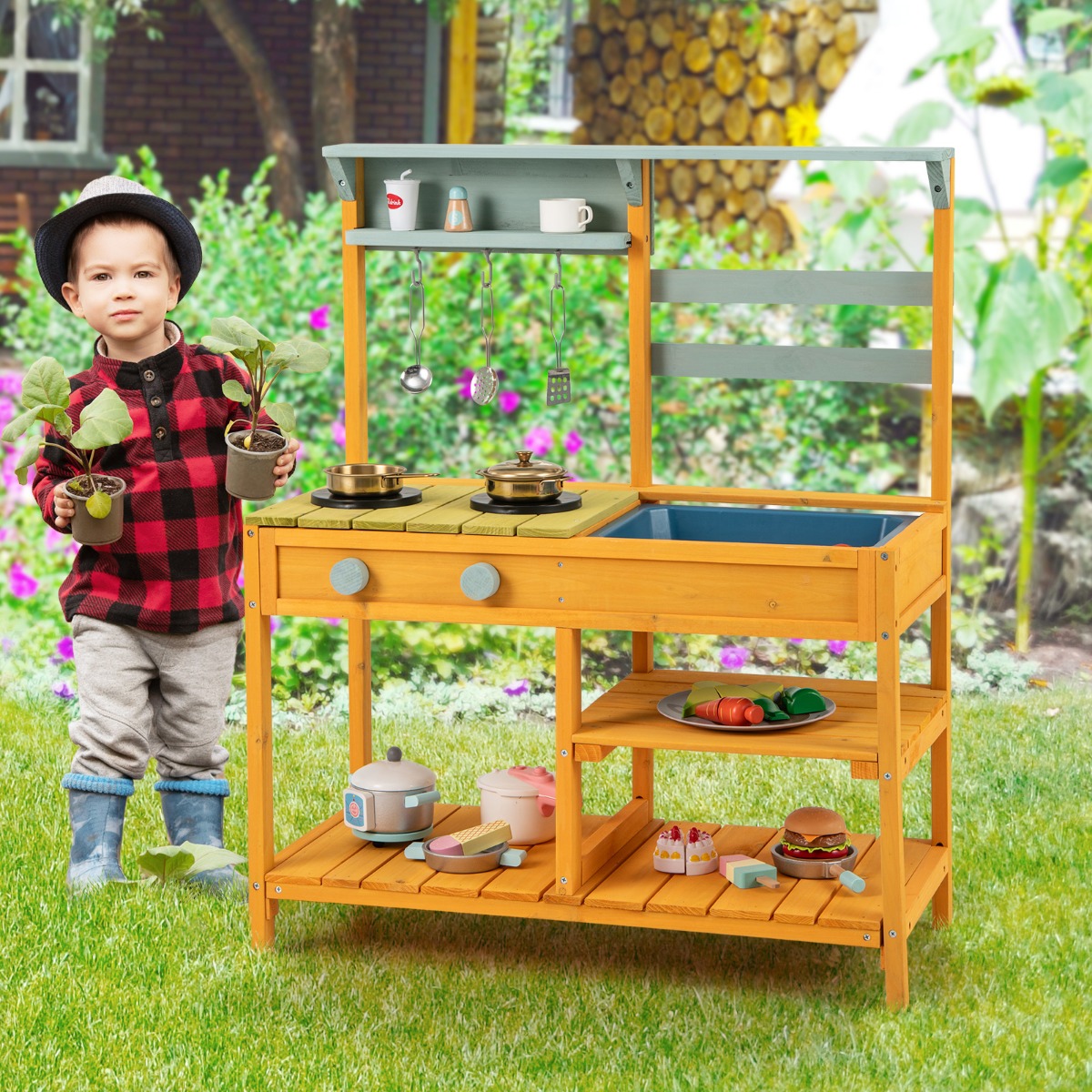 Matschküche Kinder Spielküche aus Fichtenholz mit Herd Drehknöpfen & Spüle Gelb