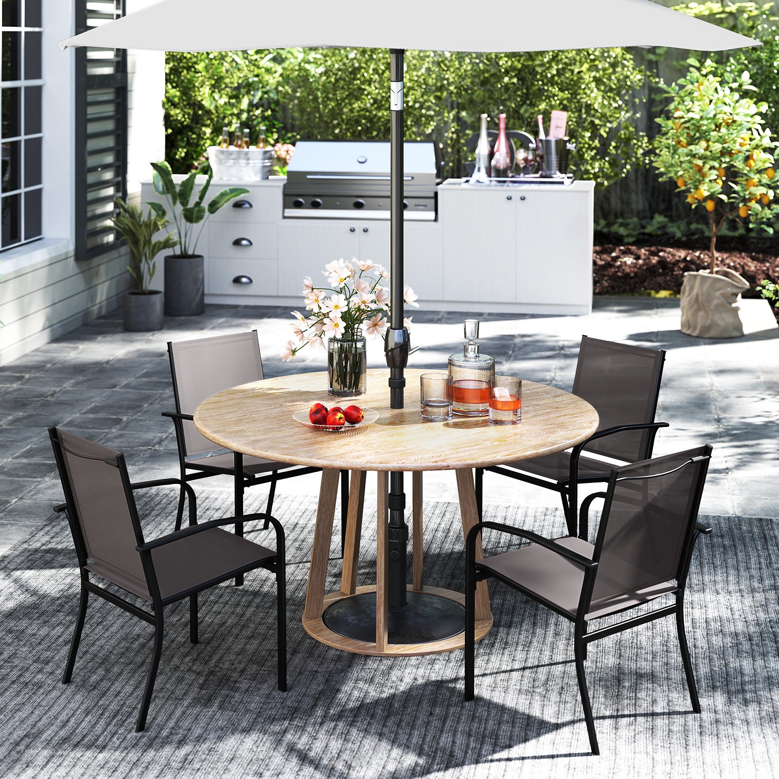 Outdoor-Esszimmerstuhl-Set mit 4 Stühlen stapelbare Terrassen-Sling-Stühle mit atmungsaktivem Stoff Grau