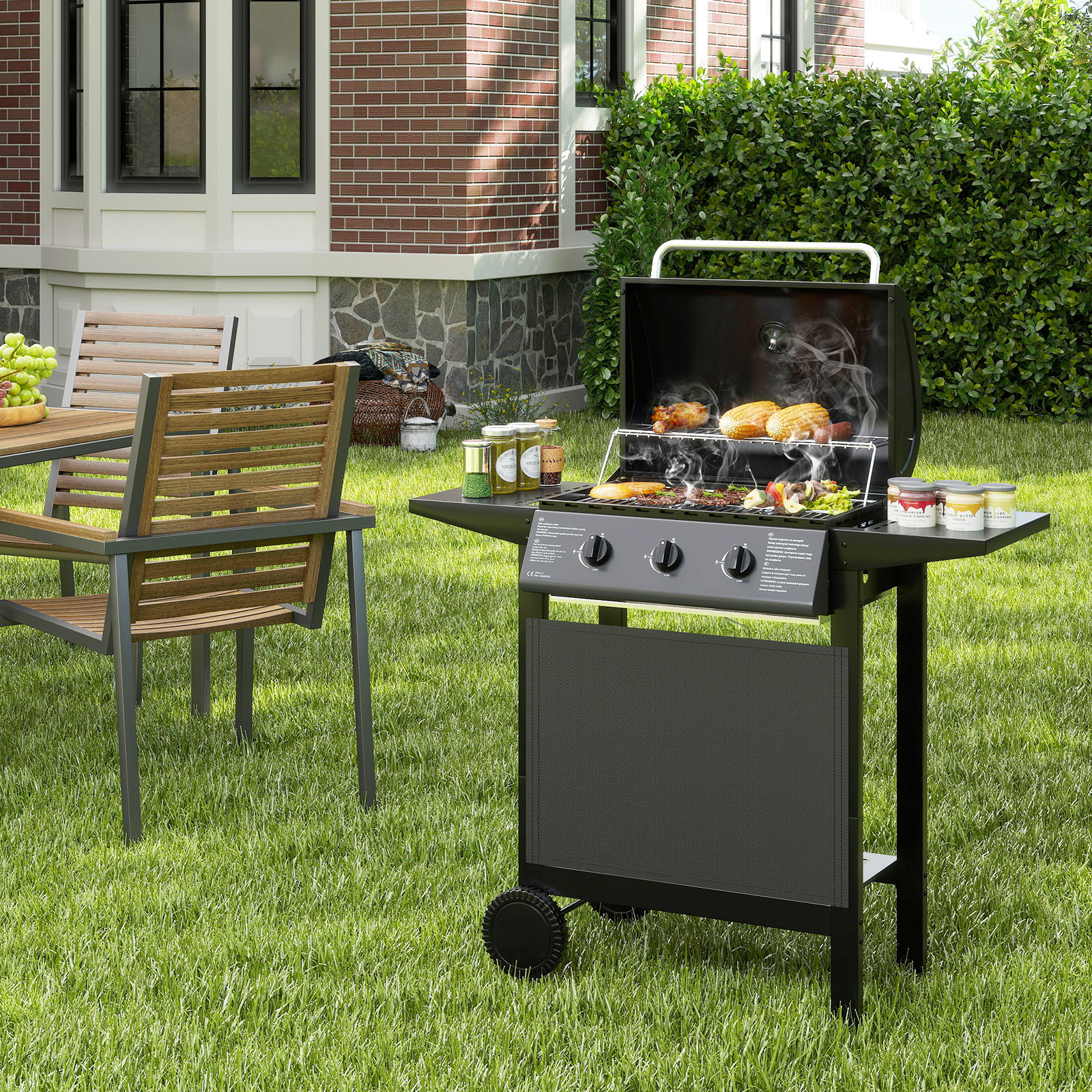 Outdoor Gasgrill mit 3 Heizzonen Tragbare Grillwagen mit Deckel Edelstahlrosten & Seitentischen