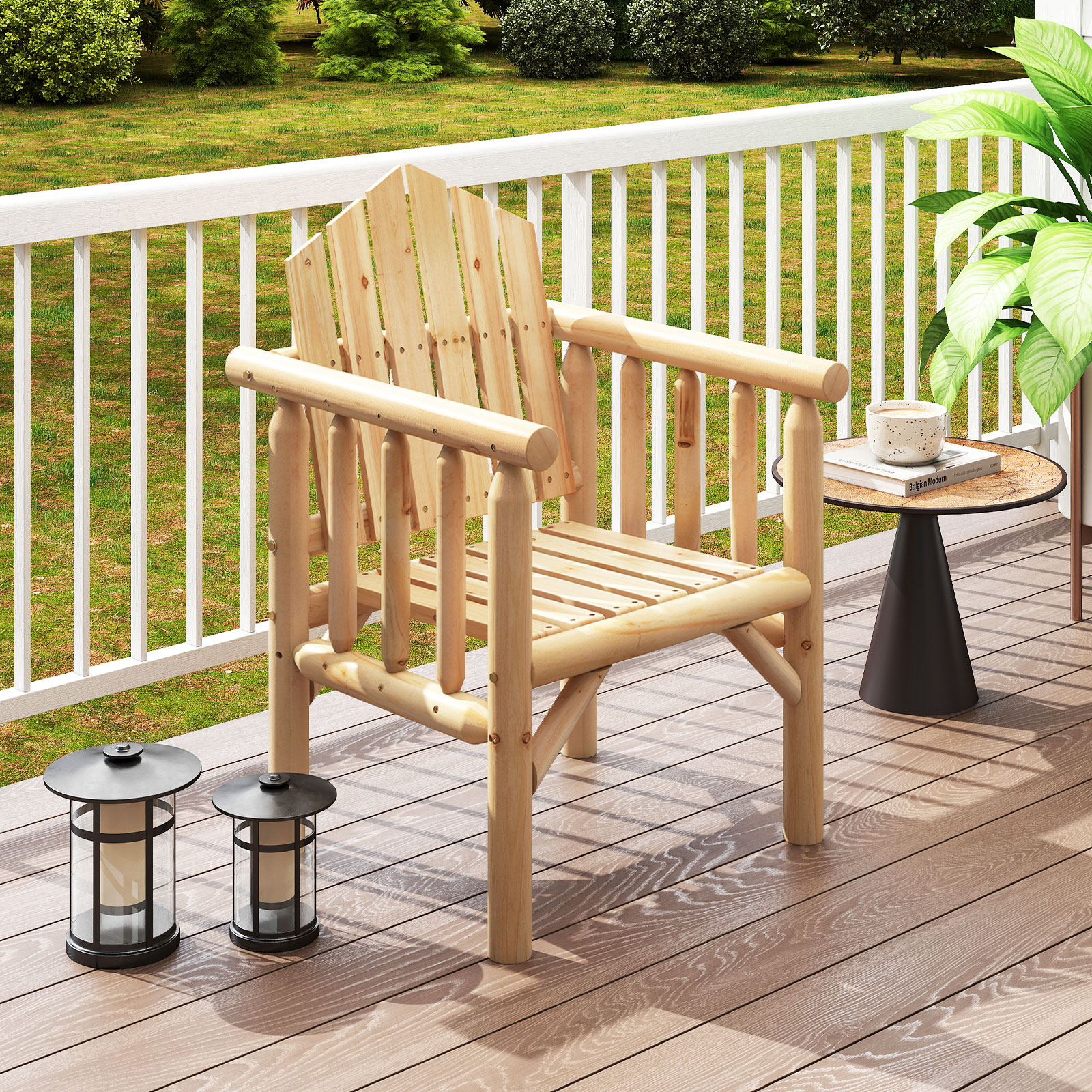 Outdoor-Holz-Armlehnsessel Holz-Patio-Essstuhl mit Armlehnen und geneigter hoher Rückenlehne Natur