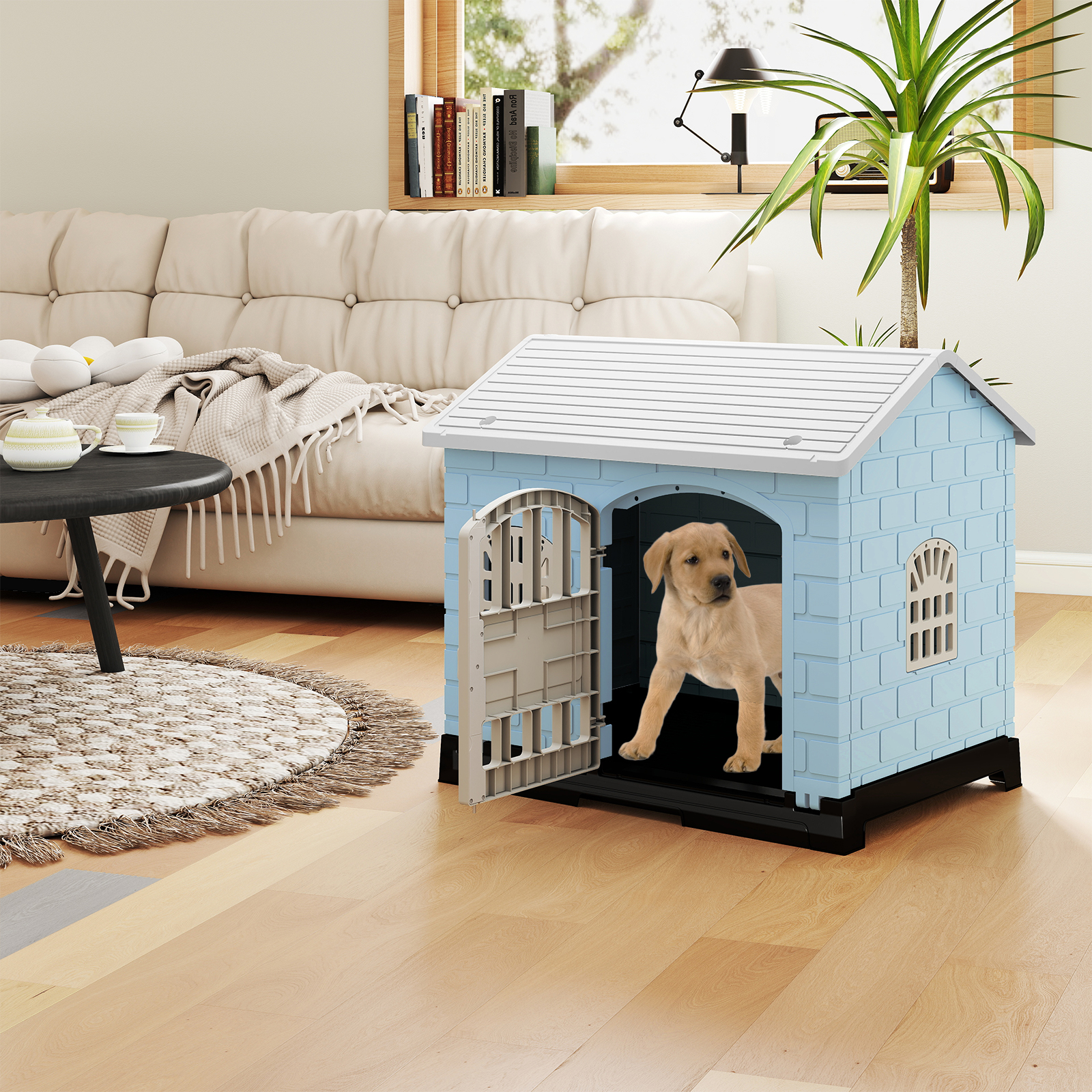 Outdoor Hundehütte mit Tür & 3 Fenstern & Ausnehmbarem Boden & Hundehaus Hundekäfig Blau