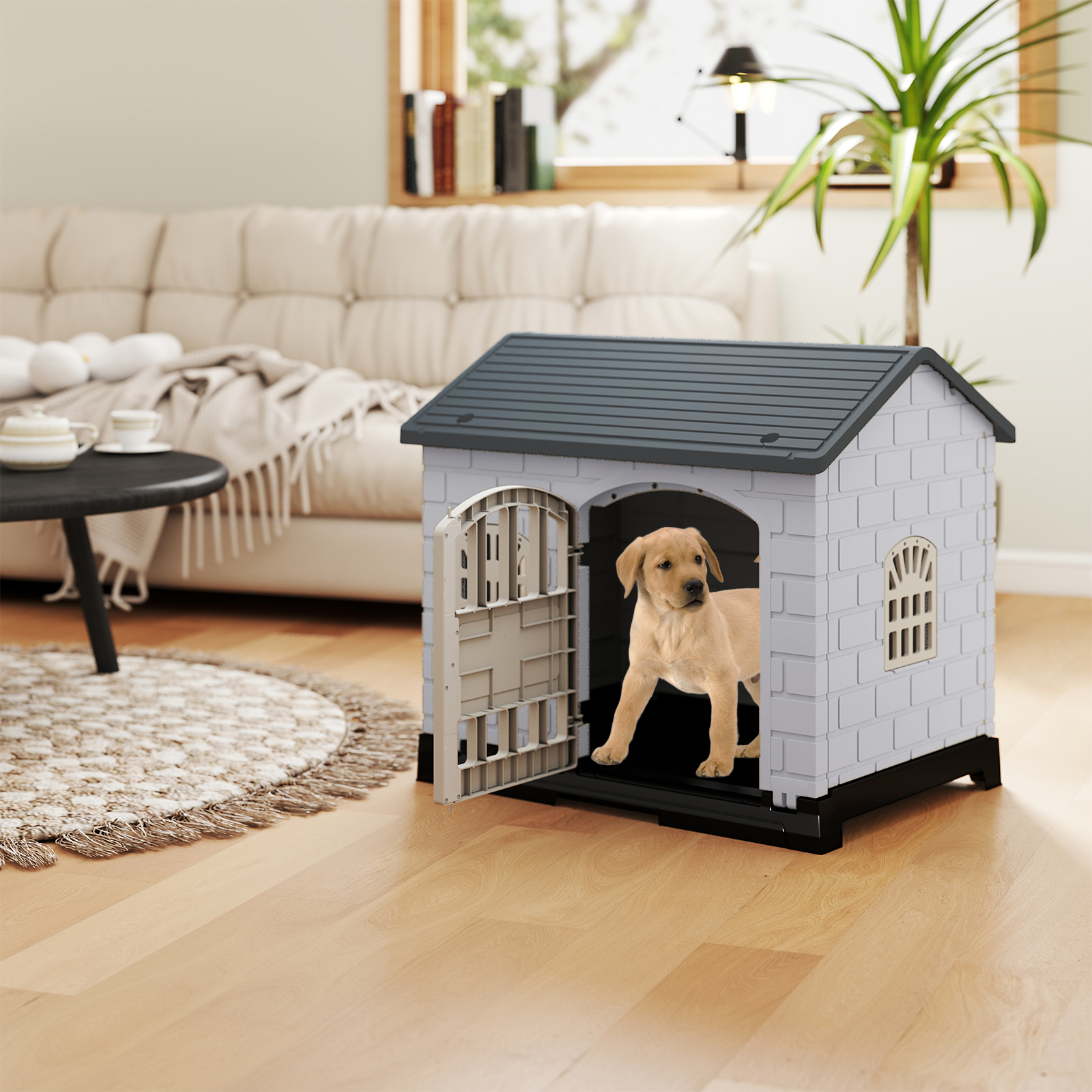 Outdoor Hundehütte mit Tür & 3 Fenstern & Ausnehmbarem Boden & Hundehaus Hundekäfig Grau