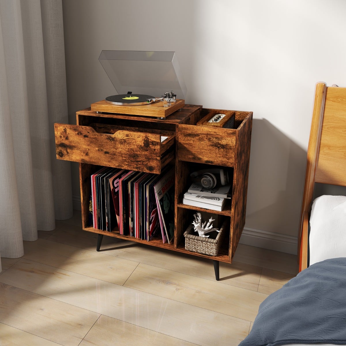 Plattenspielerständer Plattenschrank mit Steckdose & USB & Typ C 79,5 x 40 x 79 cm Rustikales Braun