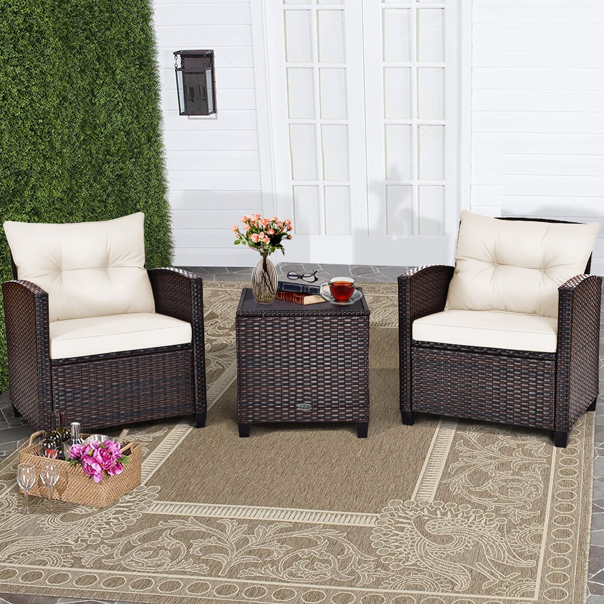 3-TLG. Polyrattan Lounge Set Gartenmöbel Rattan Sitzgruppe mit Sitzkissen & Couchtisch Beige
