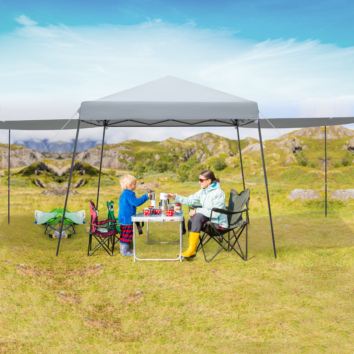 3 x 3 m Sofortiges Pop-up-Canopy-Zelt mit Markisen Outdoor-Sonnenschutz Grau